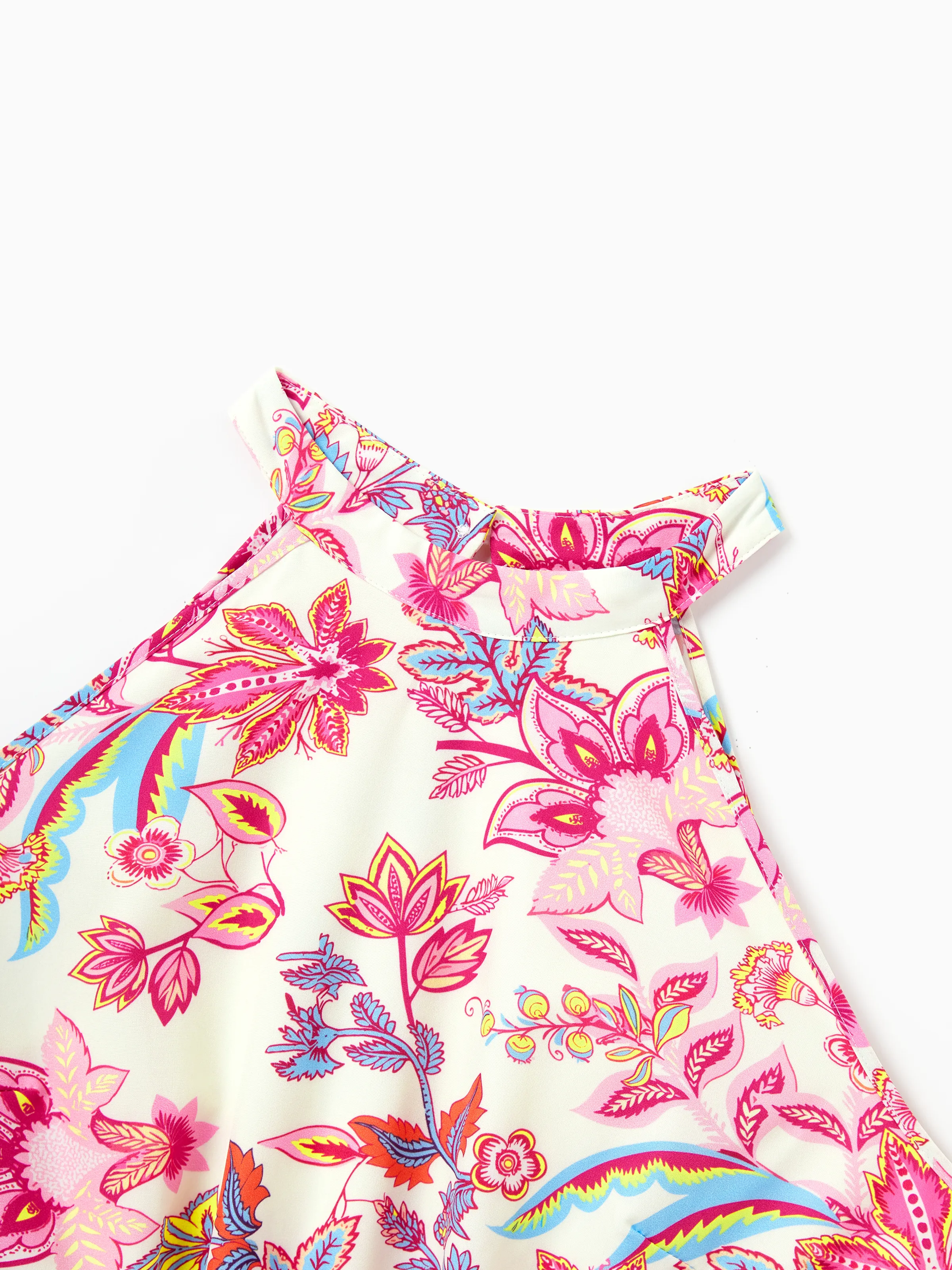 Family Matching Outfits Set Tropical Flora Print Short-sleeve Collar Shirt or Halter Belted Dress for Summer Vacation Beige - Image 4