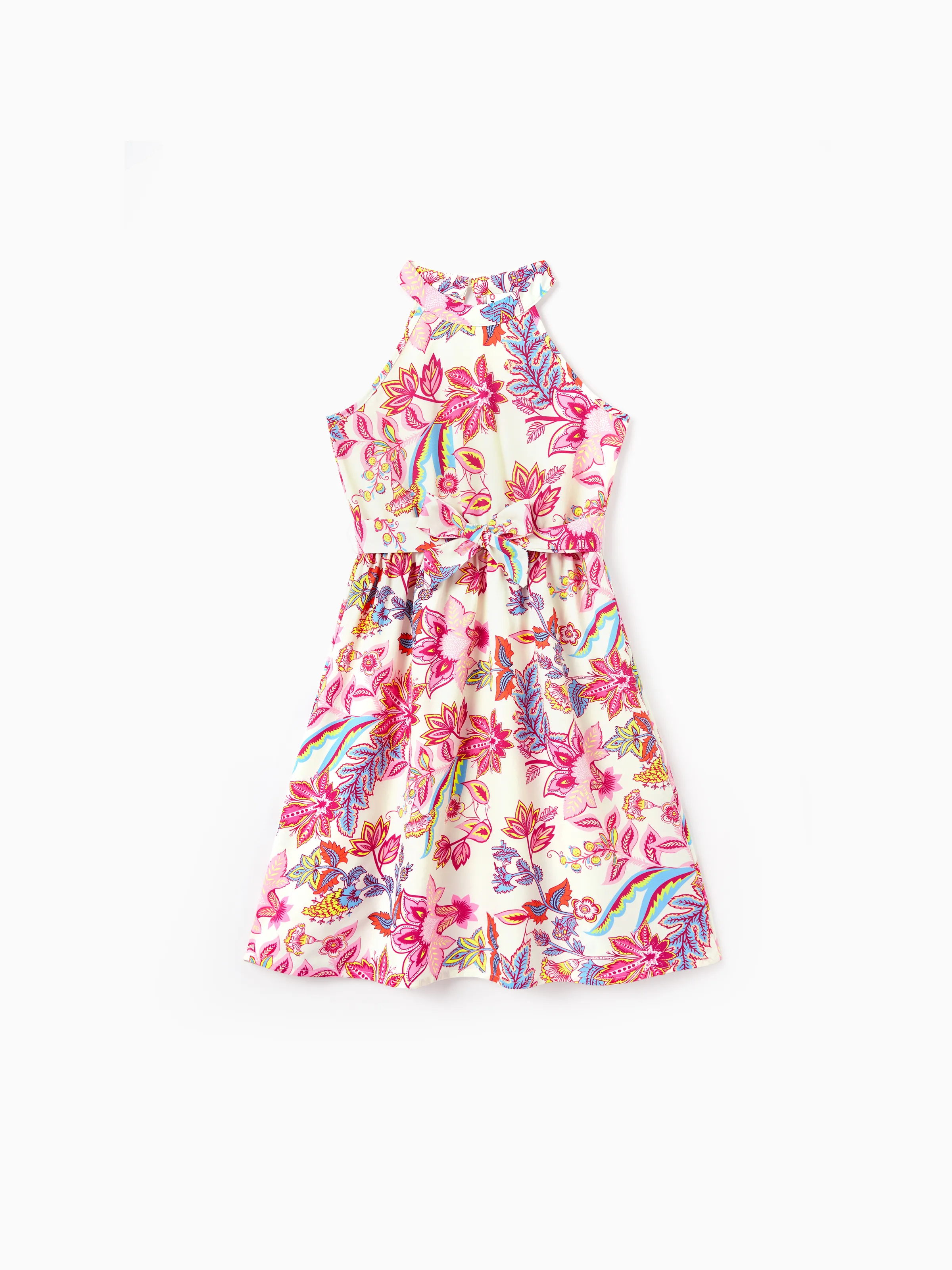 Family Matching Outfits Set Tropical Flora Print Short-sleeve Collar Shirt or Halter Belted Dress for Summer Vacation Beige - Image 7