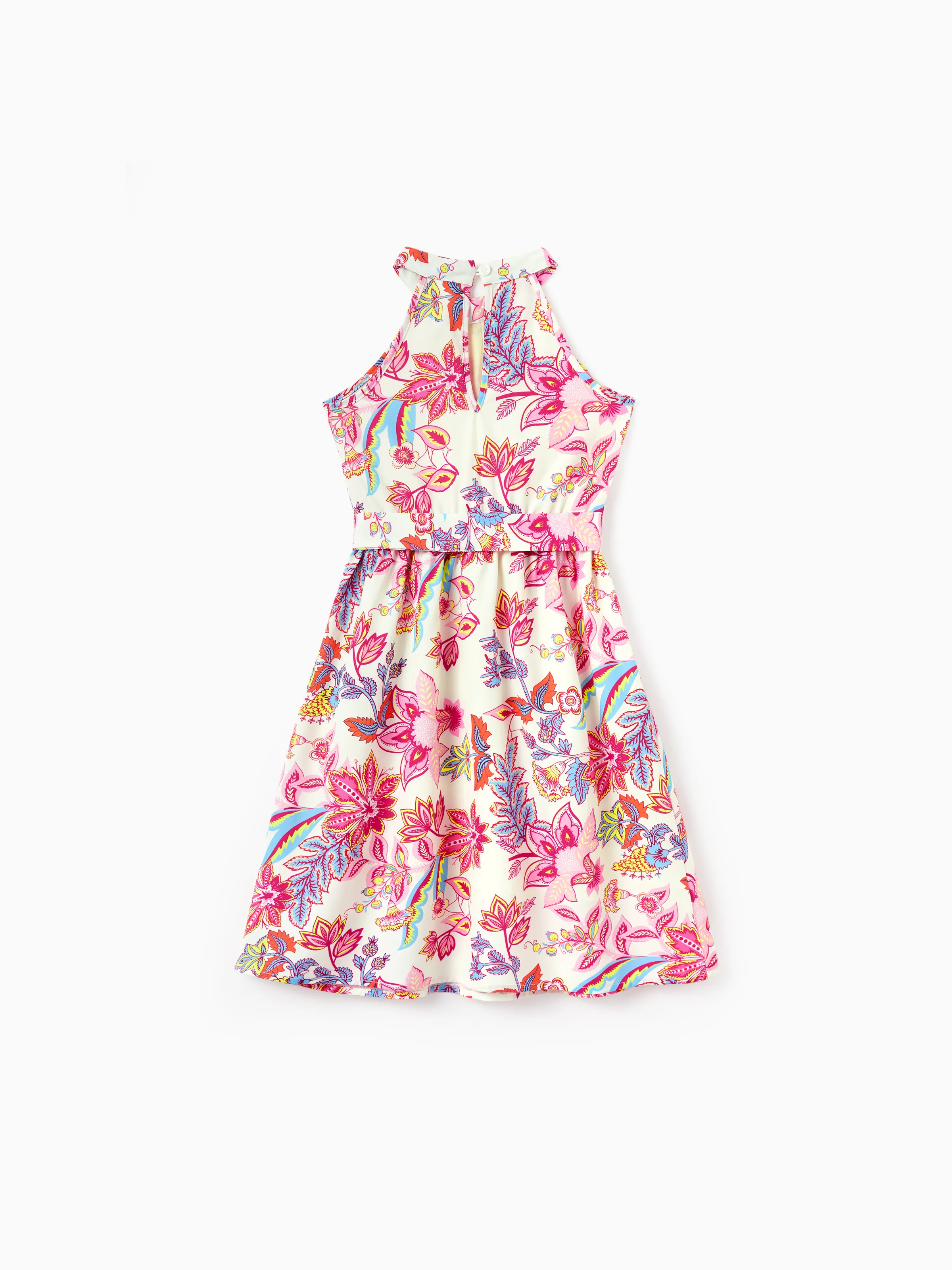 Family Matching Outfits Set Tropical Flora Print Short-sleeve Collar Shirt or Halter Belted Dress for Summer Vacation Beige - Image 8