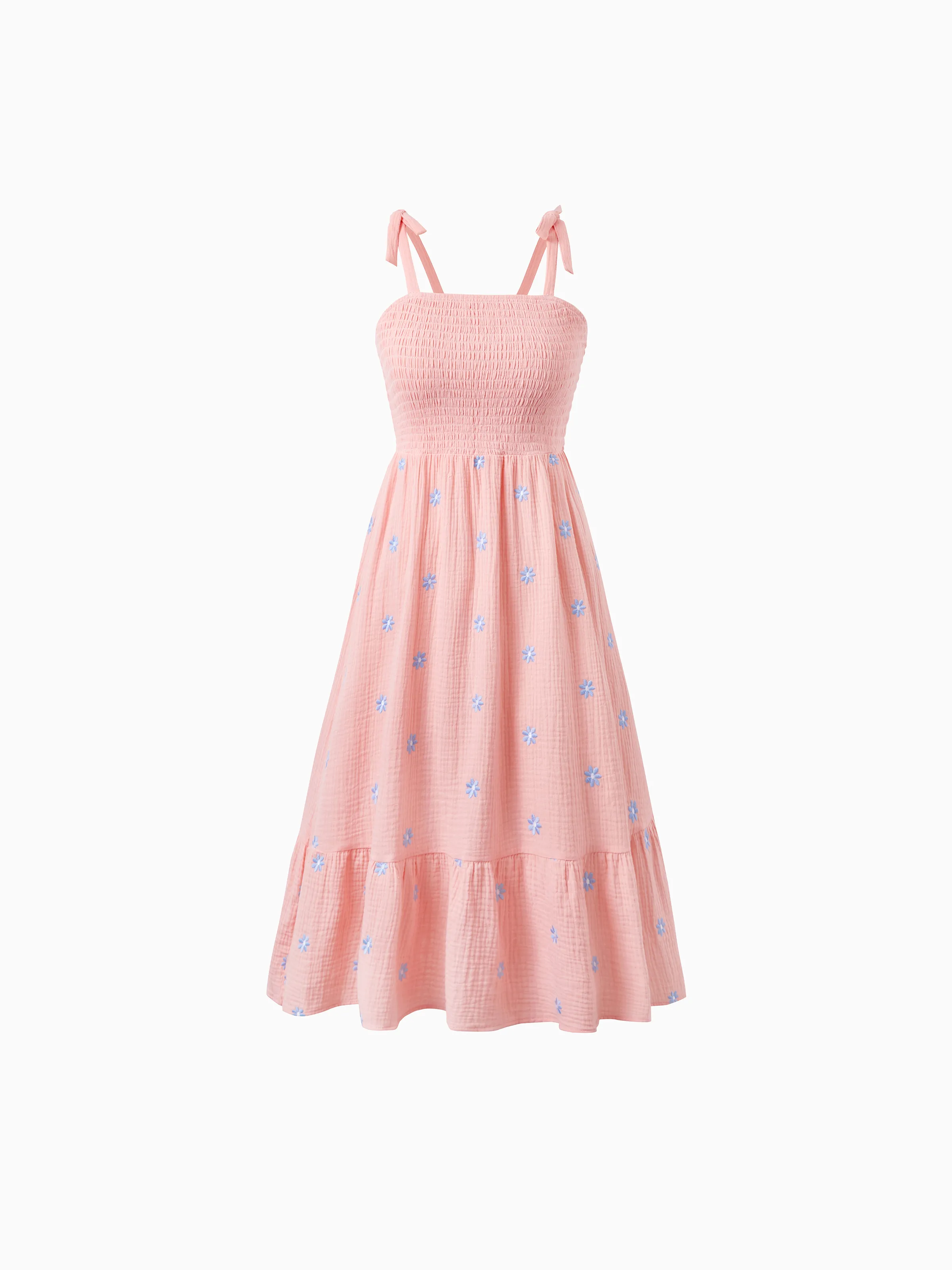 Family Matching Pink Outfits Flower Print Smocked Tie-Back Cotton Dress for Mom & Daughter, Solid Shirts for Dad & Son, Perfect for Summer Family Outings & Photos Mauve Pink - Image 2