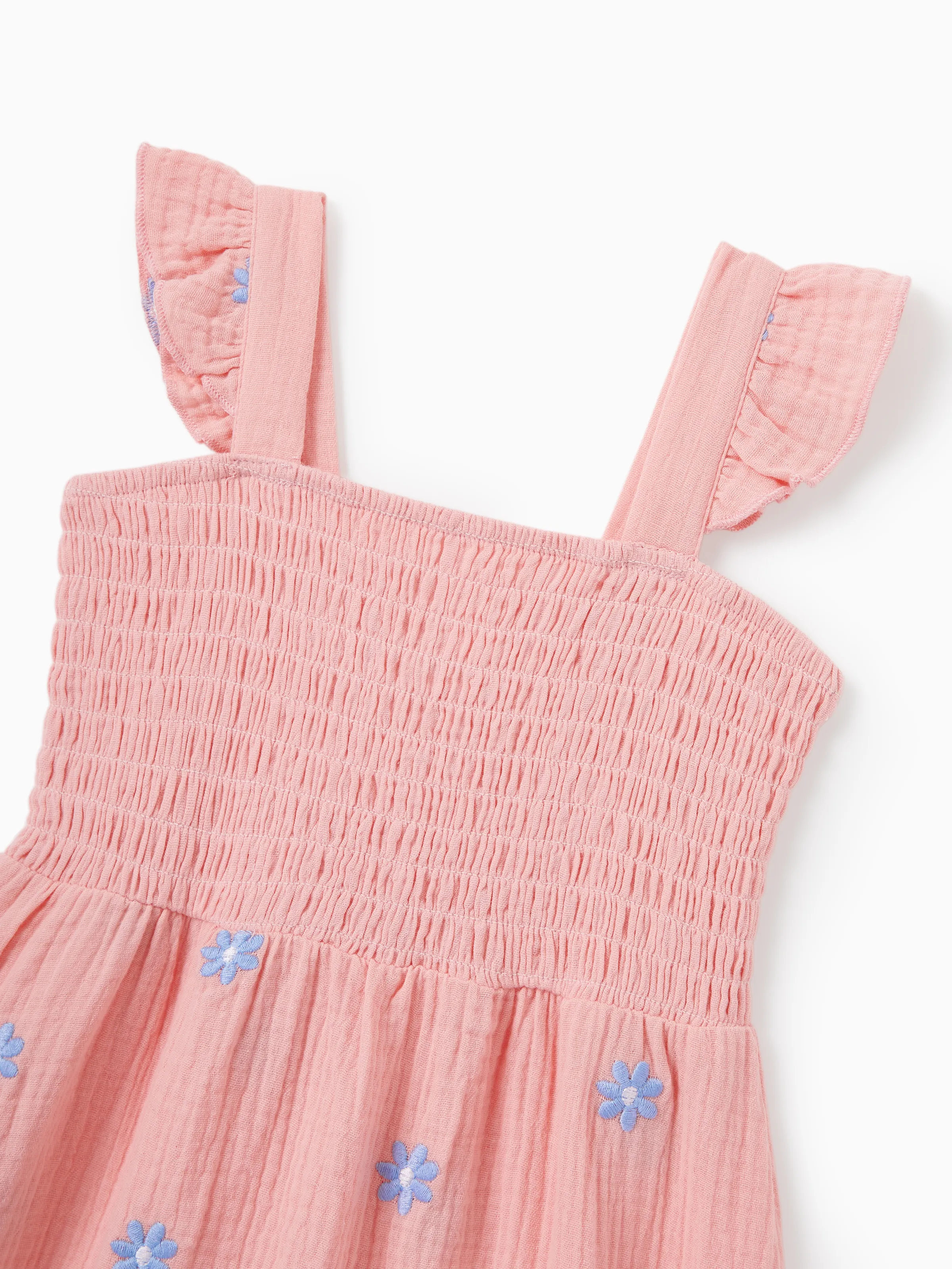 Family Matching Pink Outfits Flower Print Smocked Tie-Back Cotton Dress for Mom & Daughter, Solid Shirts for Dad & Son, Perfect for Summer Family Outings & Photos Mauve Pink - Image 9