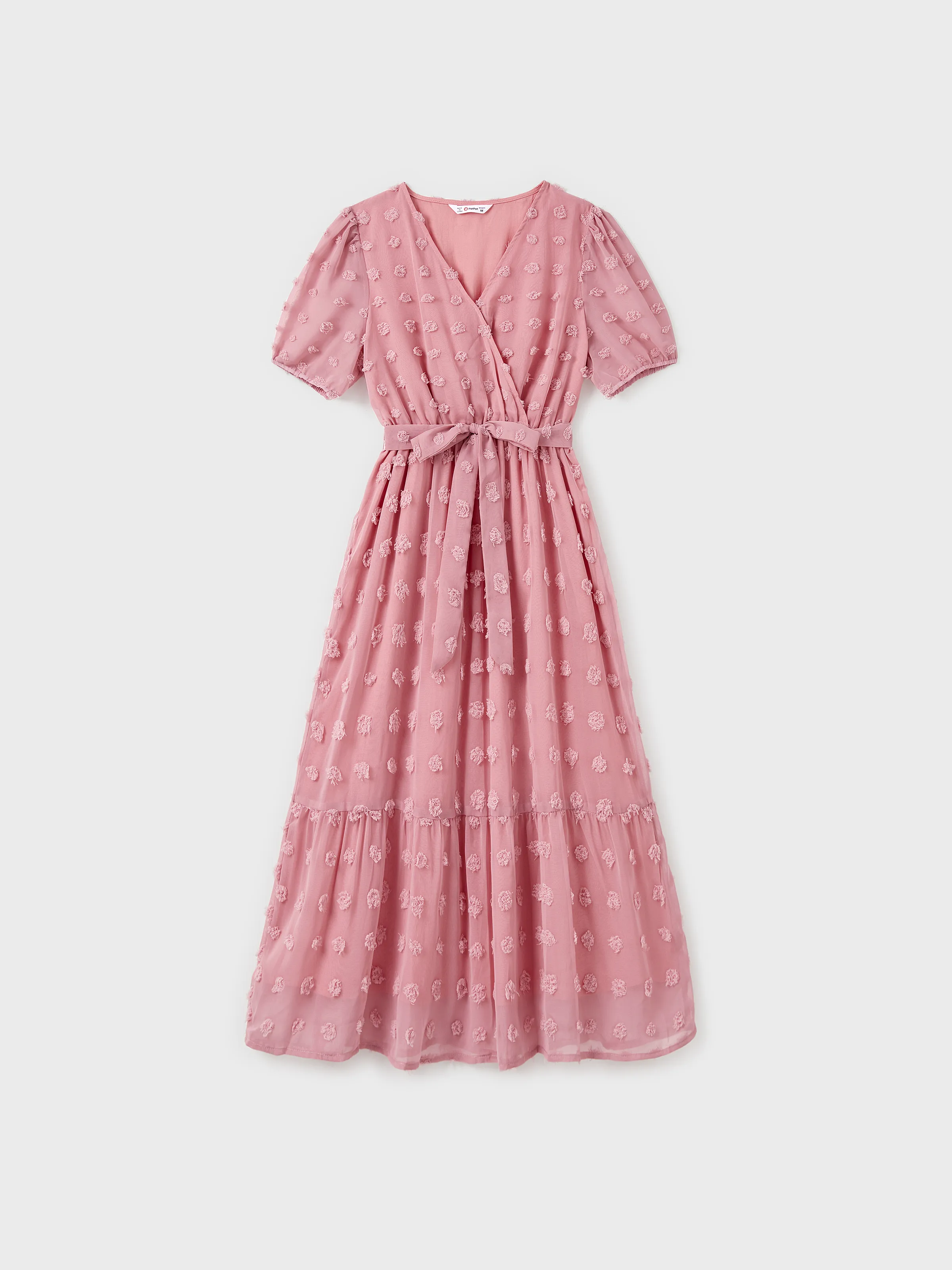 Family Matching Pink Set Solid Colorblock Polo collar Short-sleeve Shirt or Ruffle-sleeve Belted Dress Pink - Image 2
