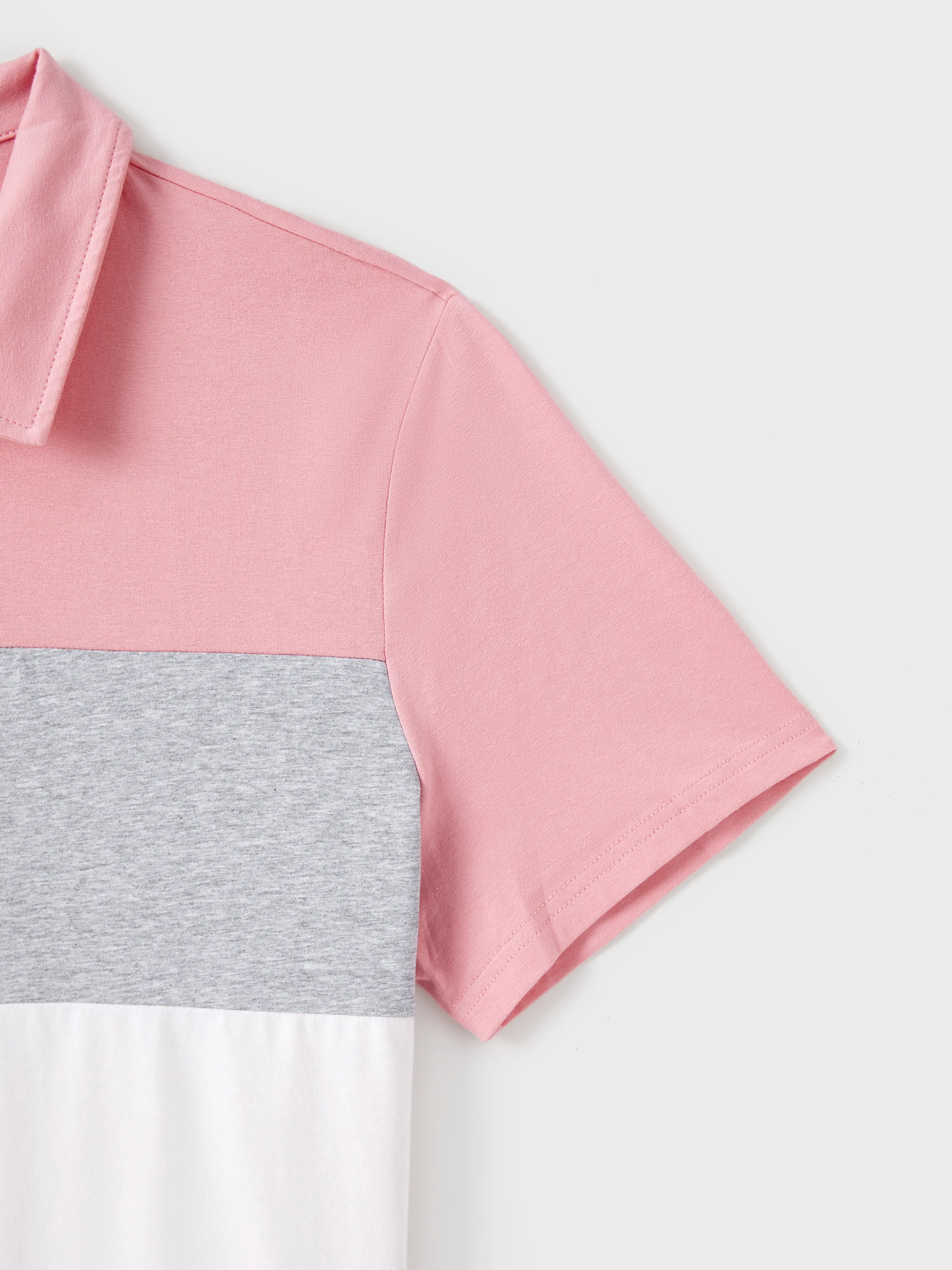 Family Matching Pink Set Solid Colorblock Polo collar Short-sleeve Shirt or Ruffle-sleeve Belted Dress Pink - Image 25