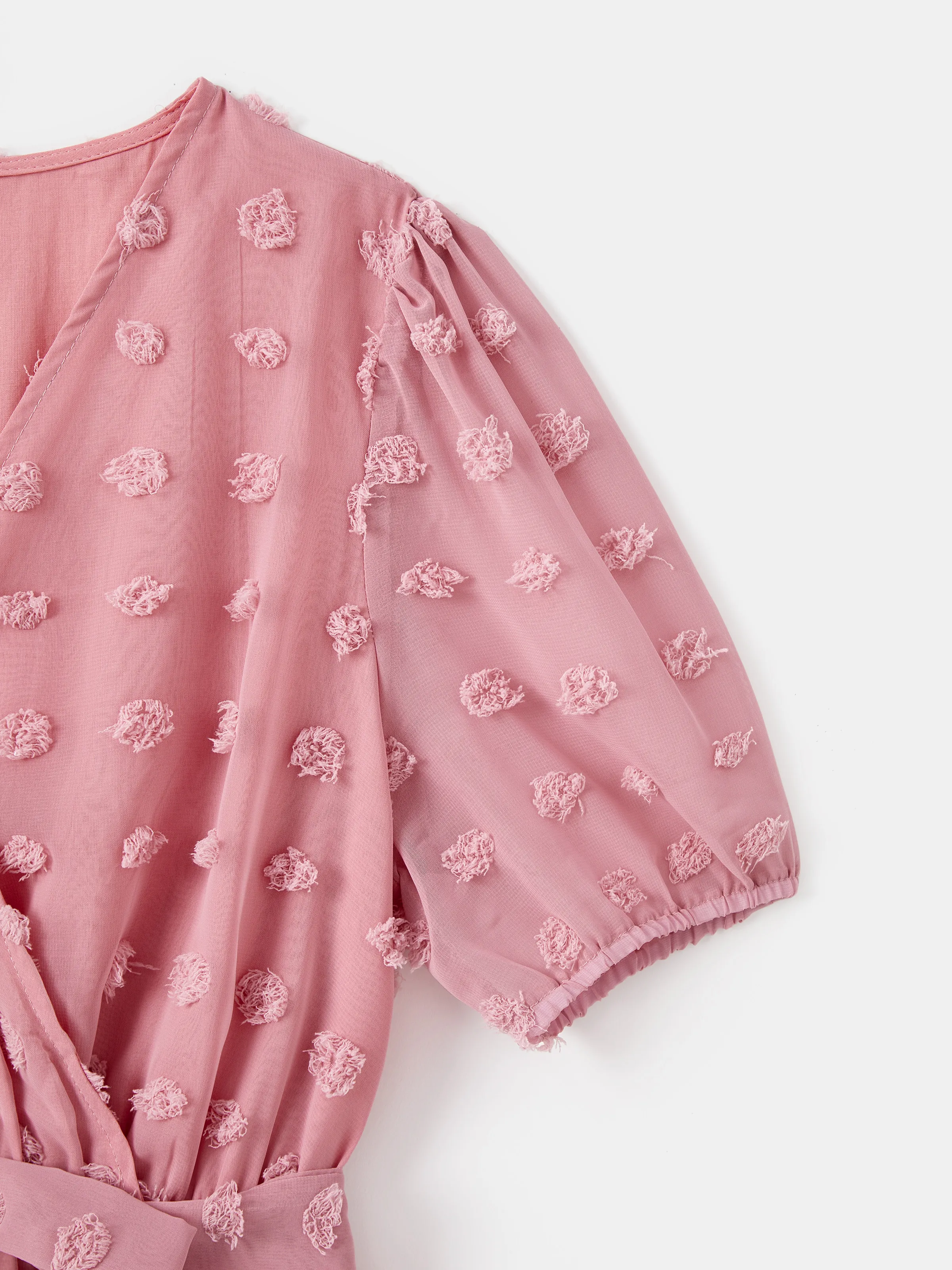 Family Matching Pink Set Solid Colorblock Polo collar Short-sleeve Shirt or Ruffle-sleeve Belted Dress Pink - Image 5