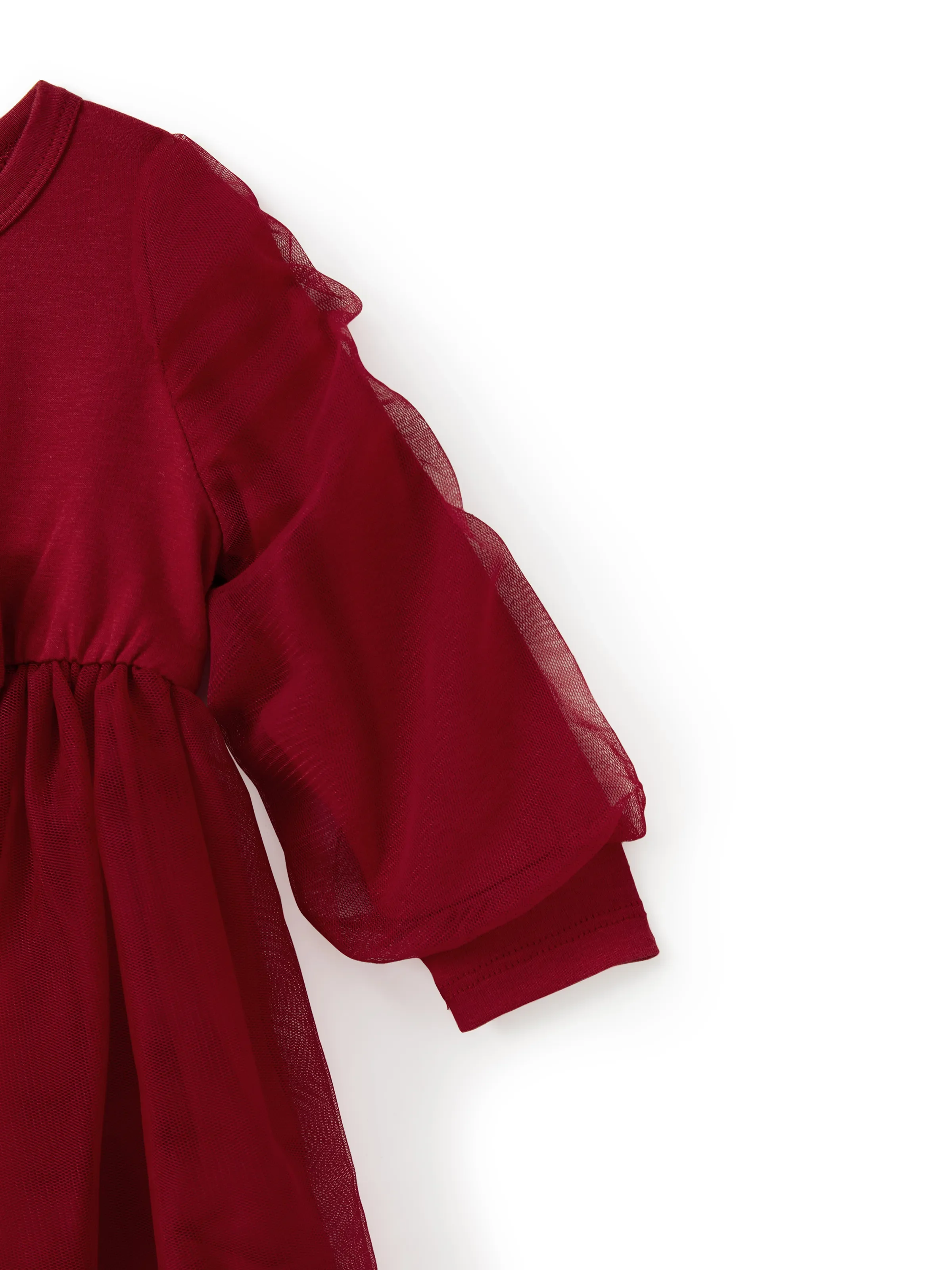 Family Matching Plaid Shirt Tops and Red Mesh Splice Belted Dresses Sets Burgundy - Image 15