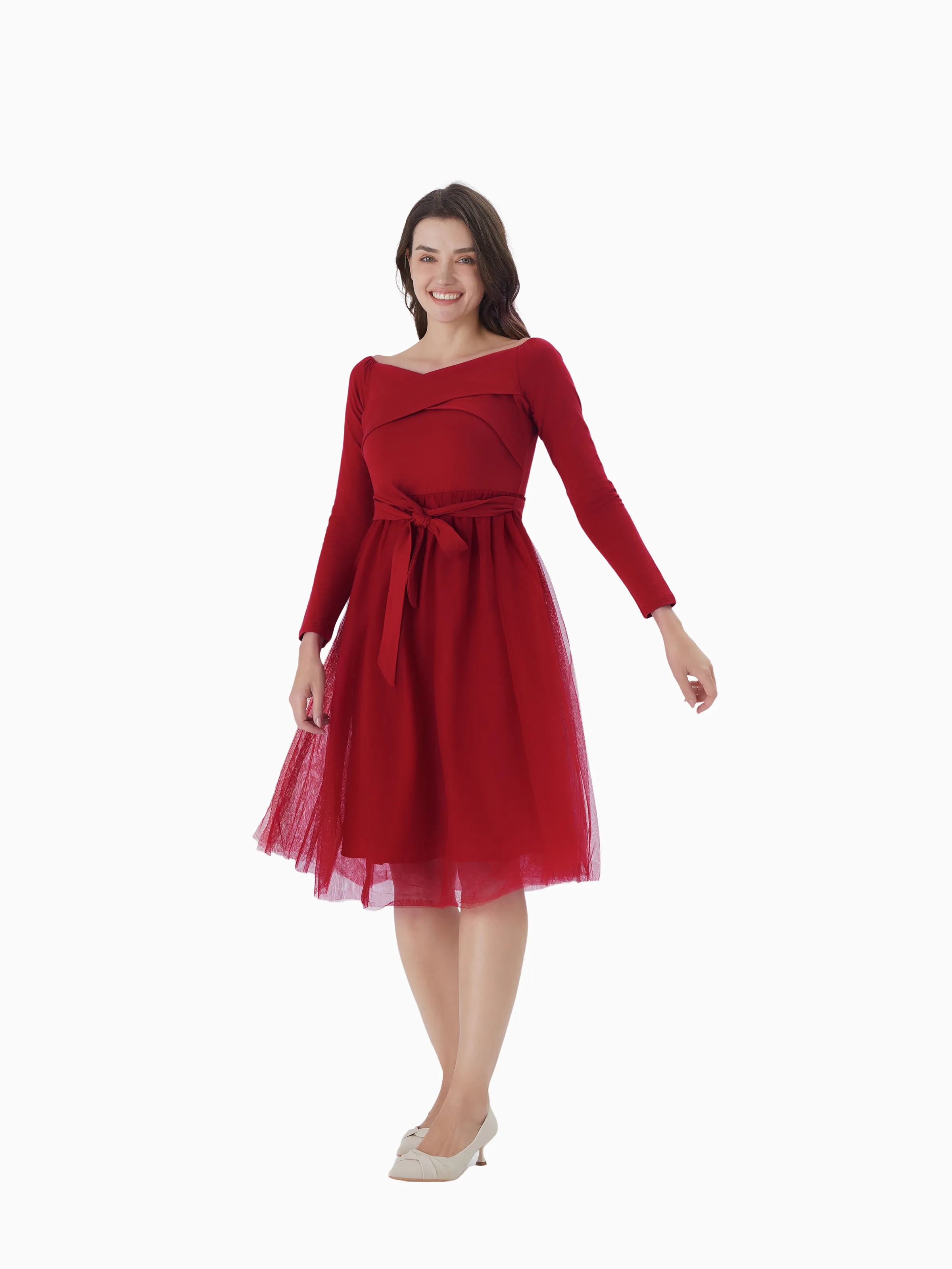 Family Matching Plaid Shirt Tops and Red Mesh Splice Belted Dresses Sets Burgundy - Image 3