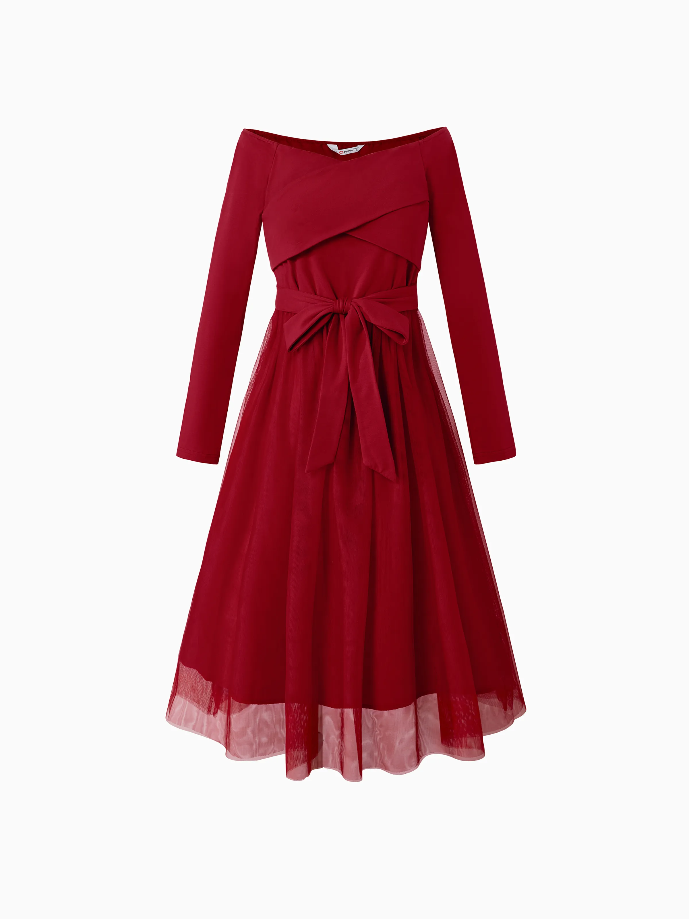 Family Matching Plaid Shirt Tops and Red Mesh Splice Belted Dresses Sets Burgundy - Image 5