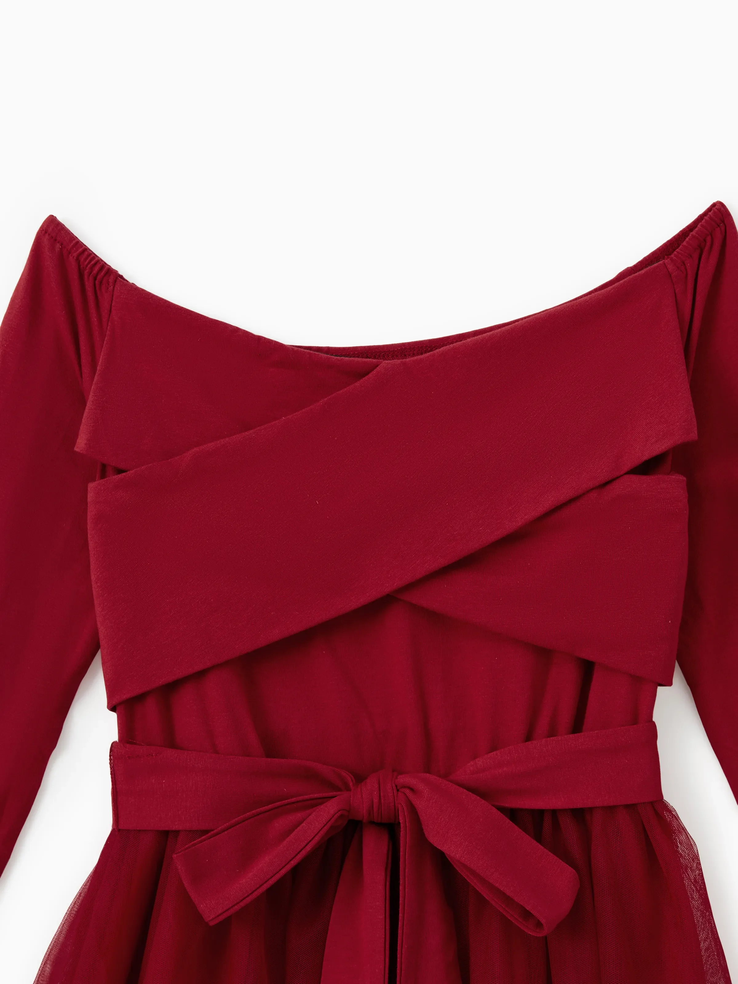 Family Matching Plaid Shirt Tops and Red Mesh Splice Belted Dresses Sets Burgundy - Image 7