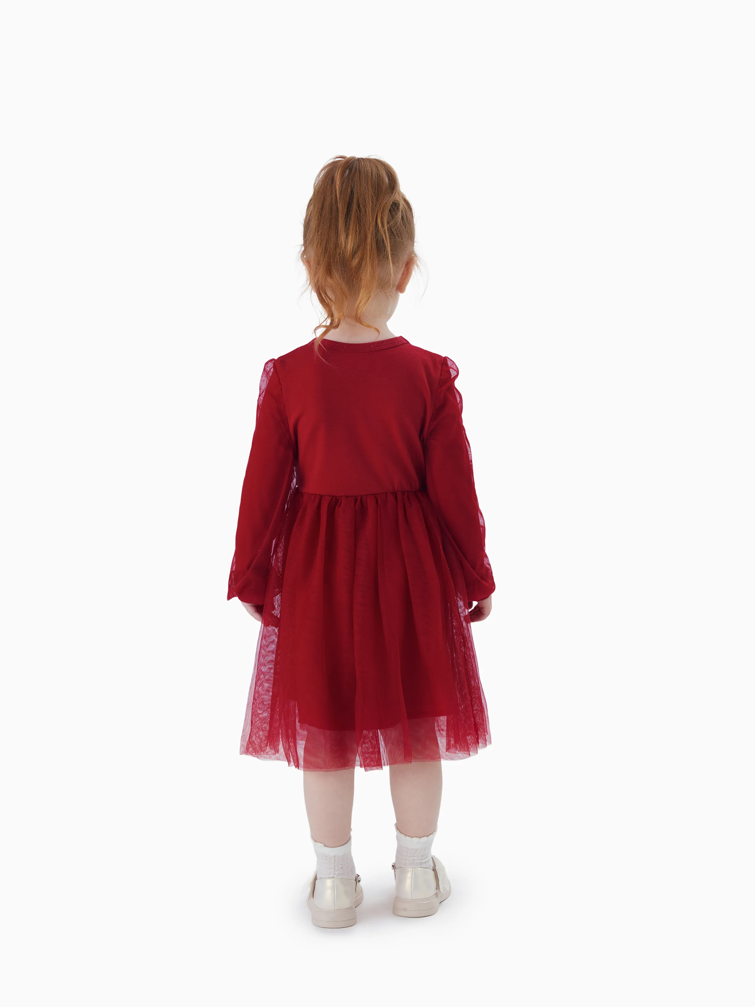 Family Matching Plaid Shirt Tops and Red Mesh Splice Belted Dresses Sets Burgundy - Image 9