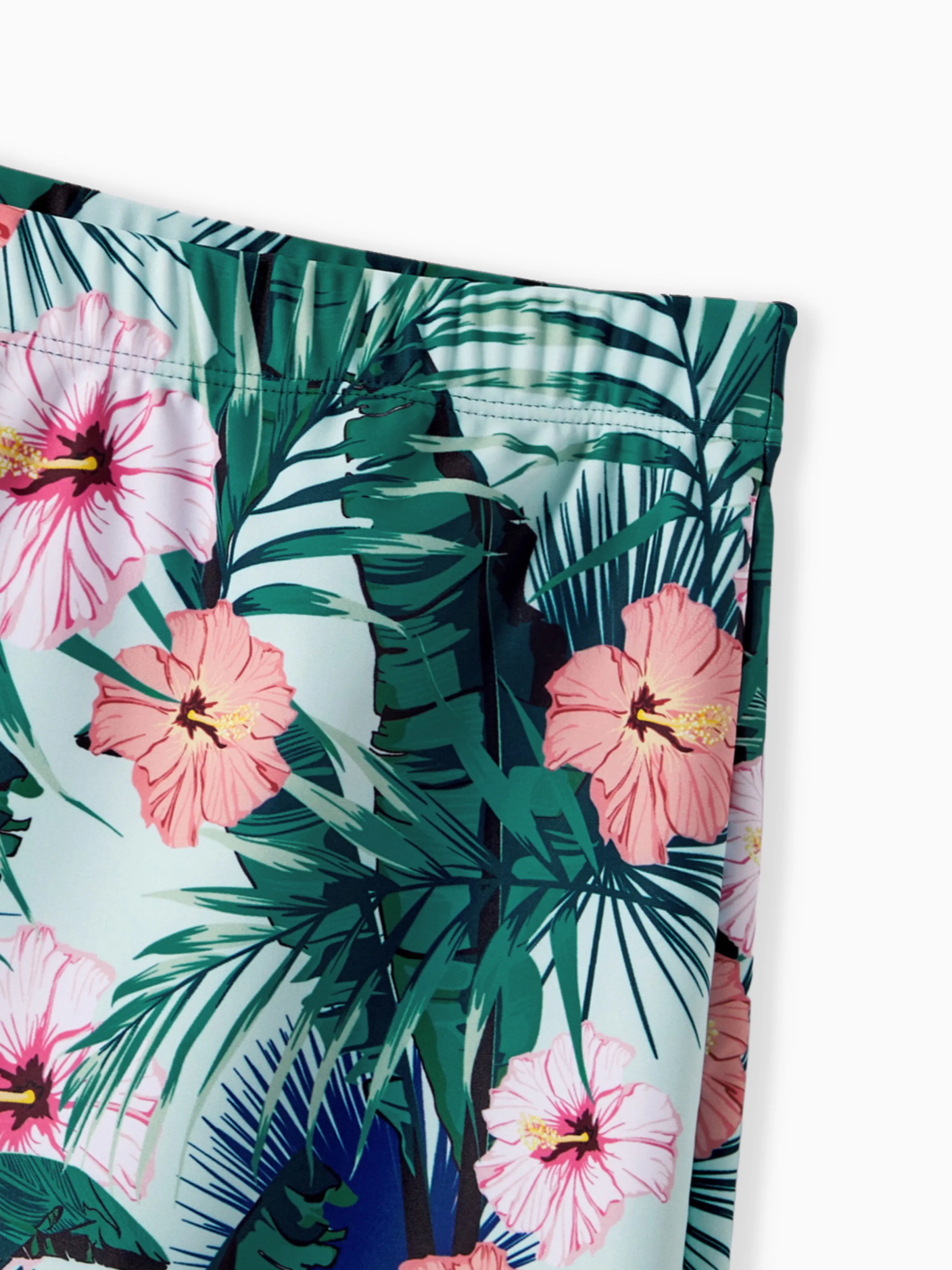 Family Matching Plant Print Ruffle Trim Spliced One-piece Swimsuit or Swim Trunks Green - Image 22
