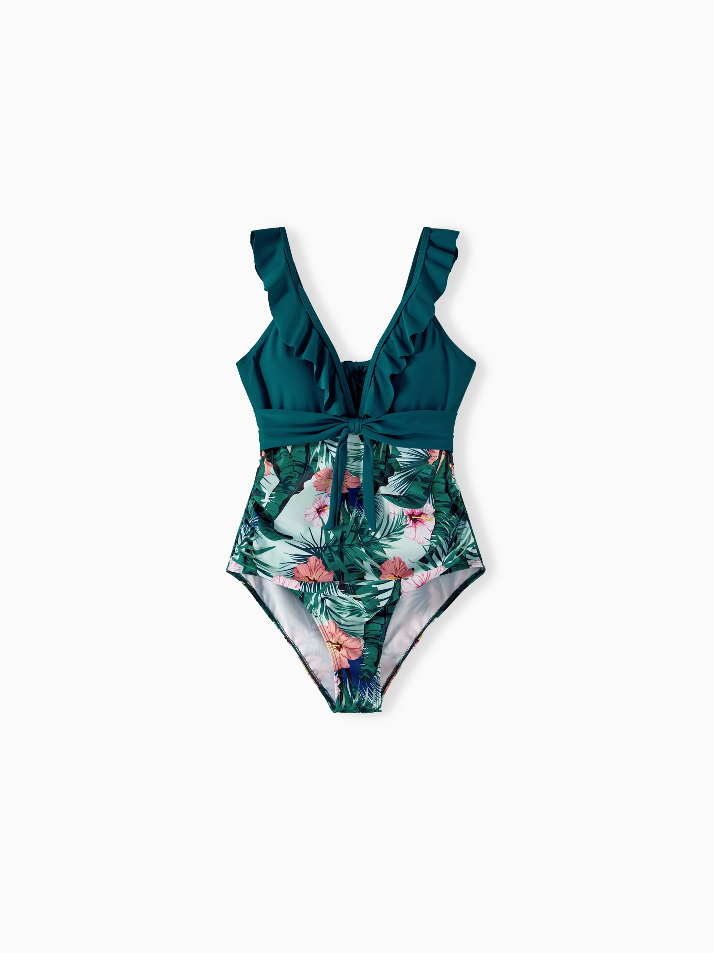 Family Matching Plant Print Ruffle Trim Spliced One-piece Swimsuit or Swim Trunks Green - Image 6