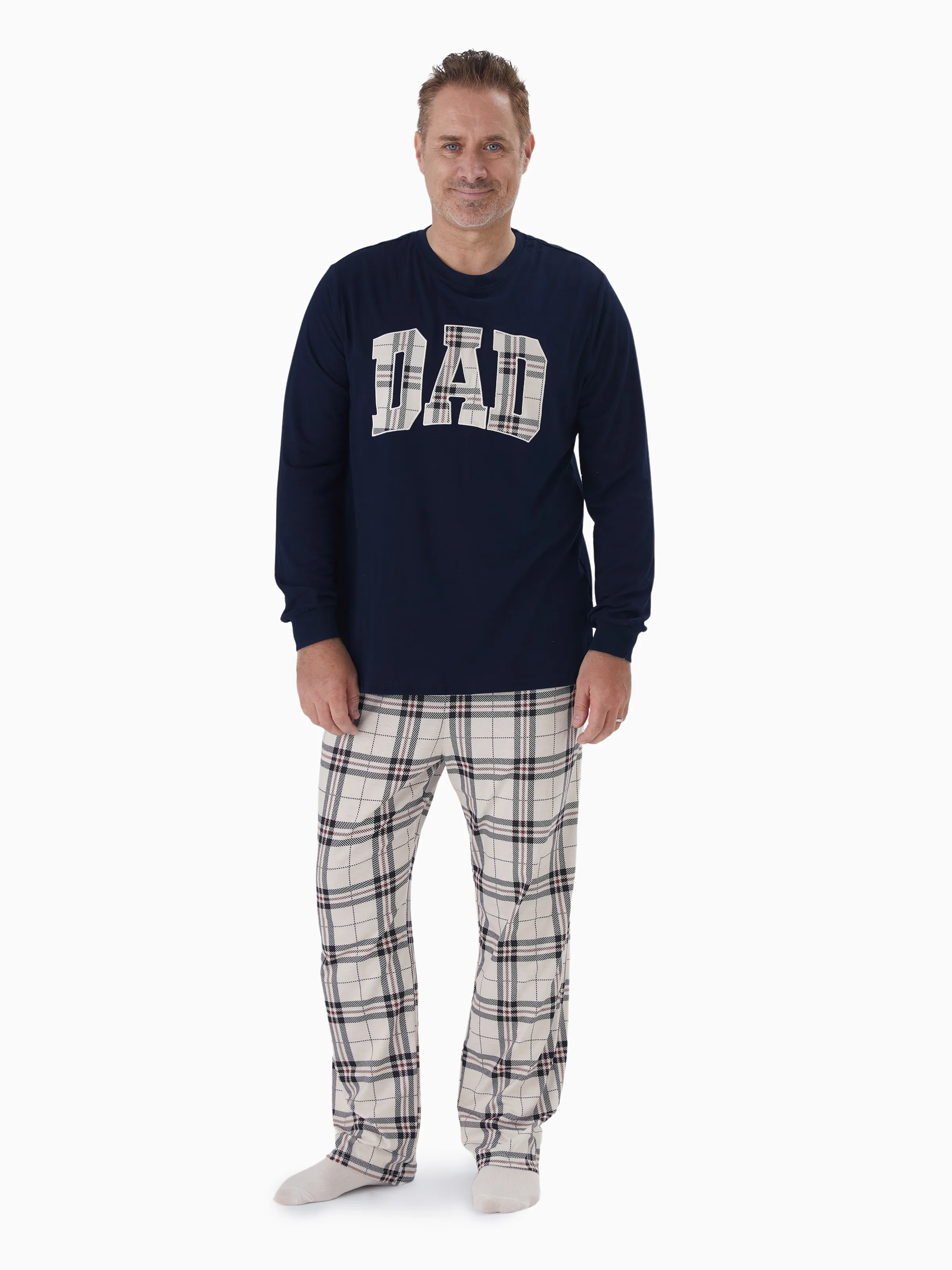 Family Matching School Grid Letter Print Patch Long Sleeve Pajamas Sets Blue - Image 17