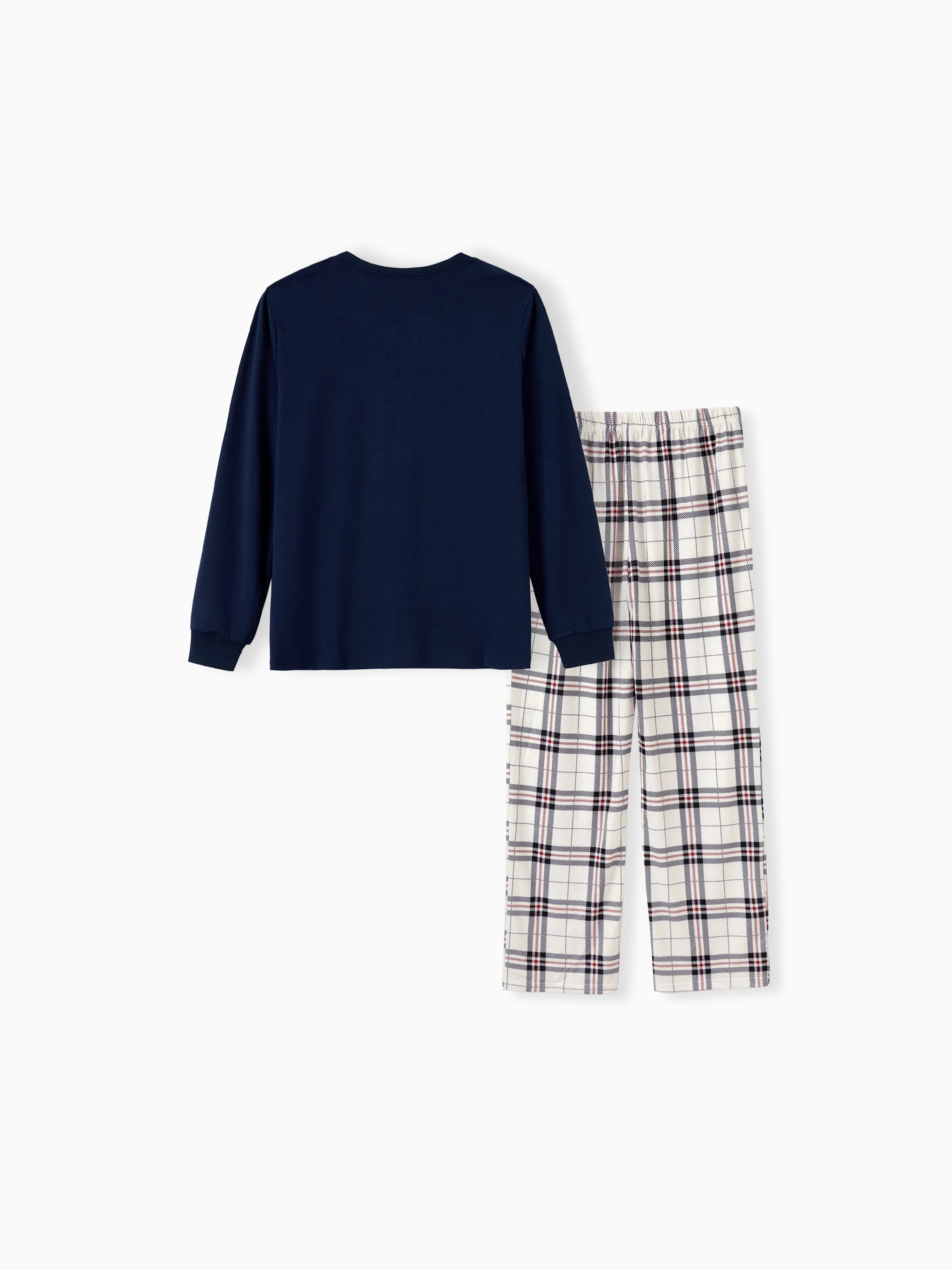 Family Matching School Grid Letter Print Patch Long Sleeve Pajamas Sets Blue - Image 20