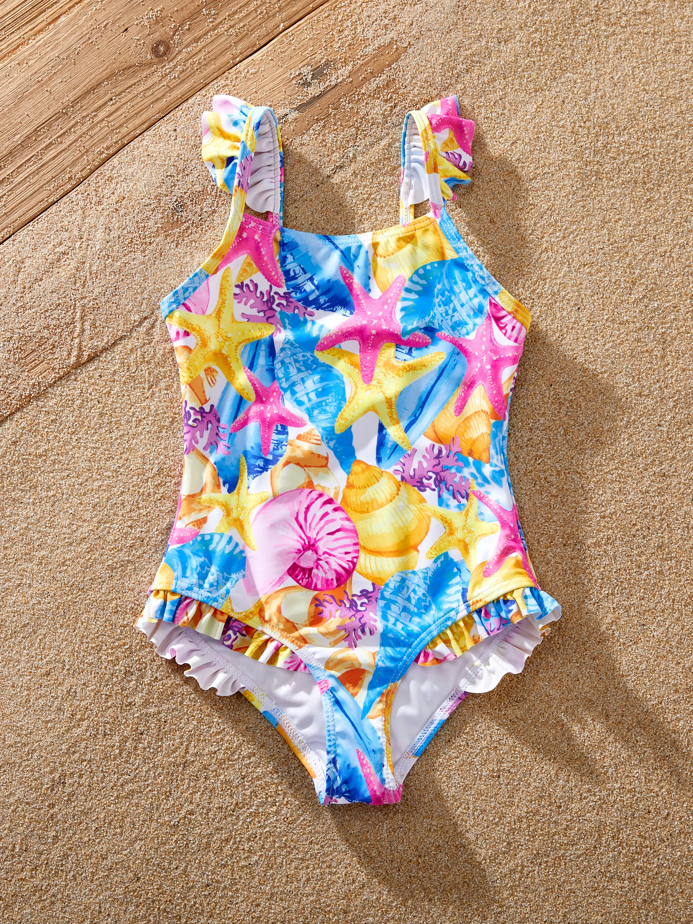 Family Matching Seashell & Starfish Print Swimsuits Ruched One-Piece & Swim Trunks Set Multi-color - Image 12