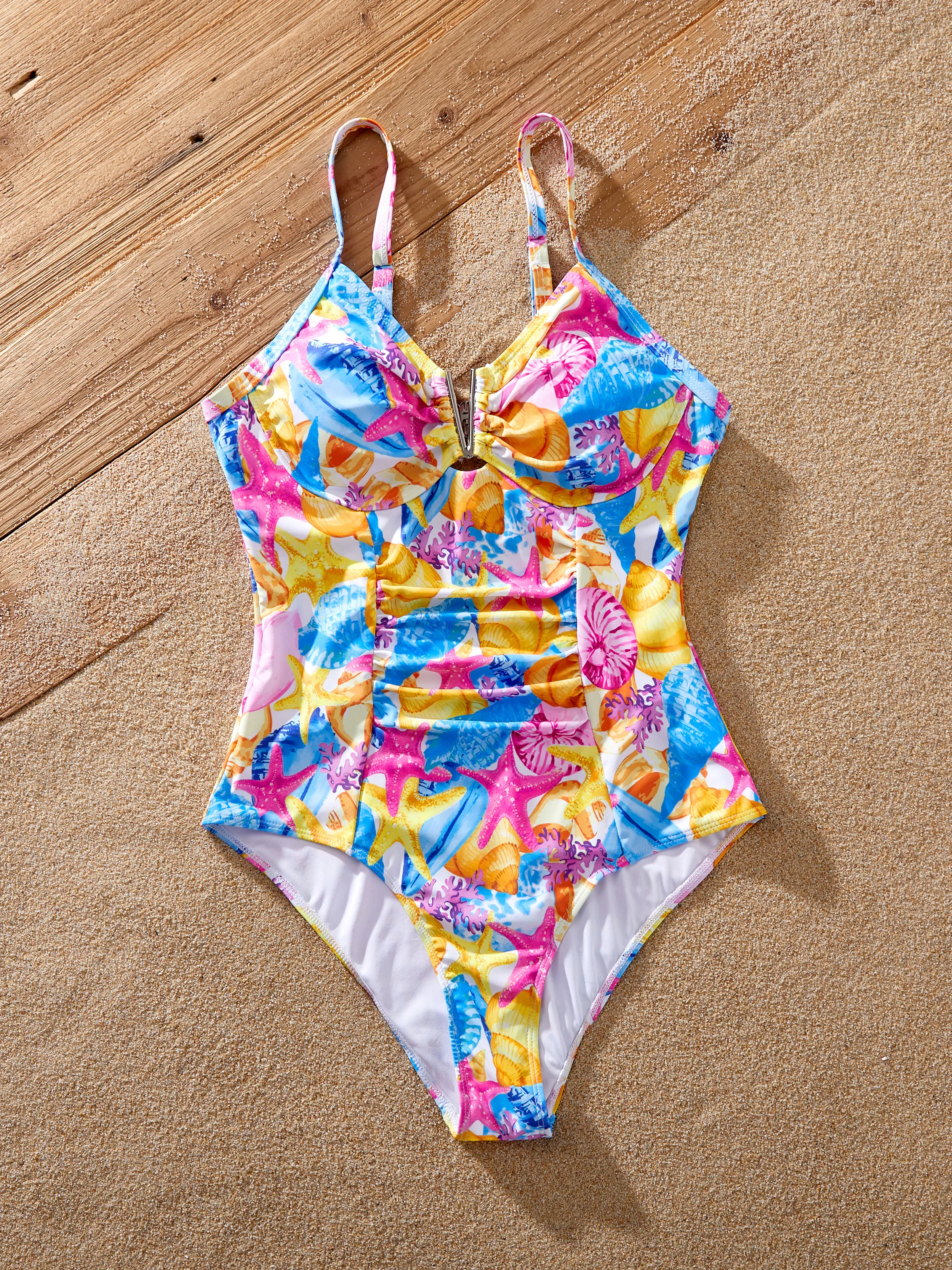 Family Matching Seashell & Starfish Print Swimsuits Ruched One-Piece & Swim Trunks Set Multi-color - Image 5