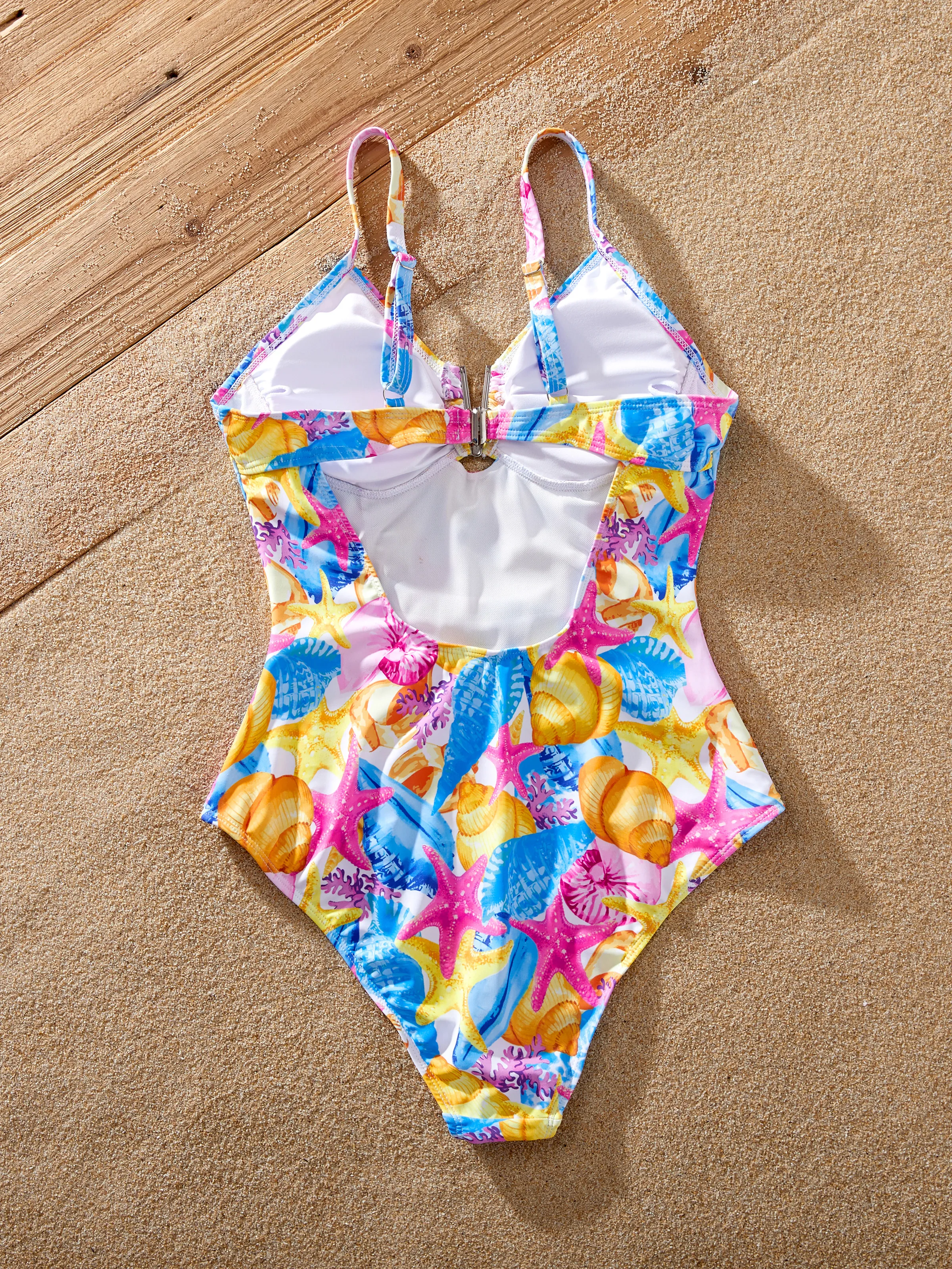 Family Matching Seashell & Starfish Print Swimsuits Ruched One-Piece & Swim Trunks Set Multi-color - Image 6