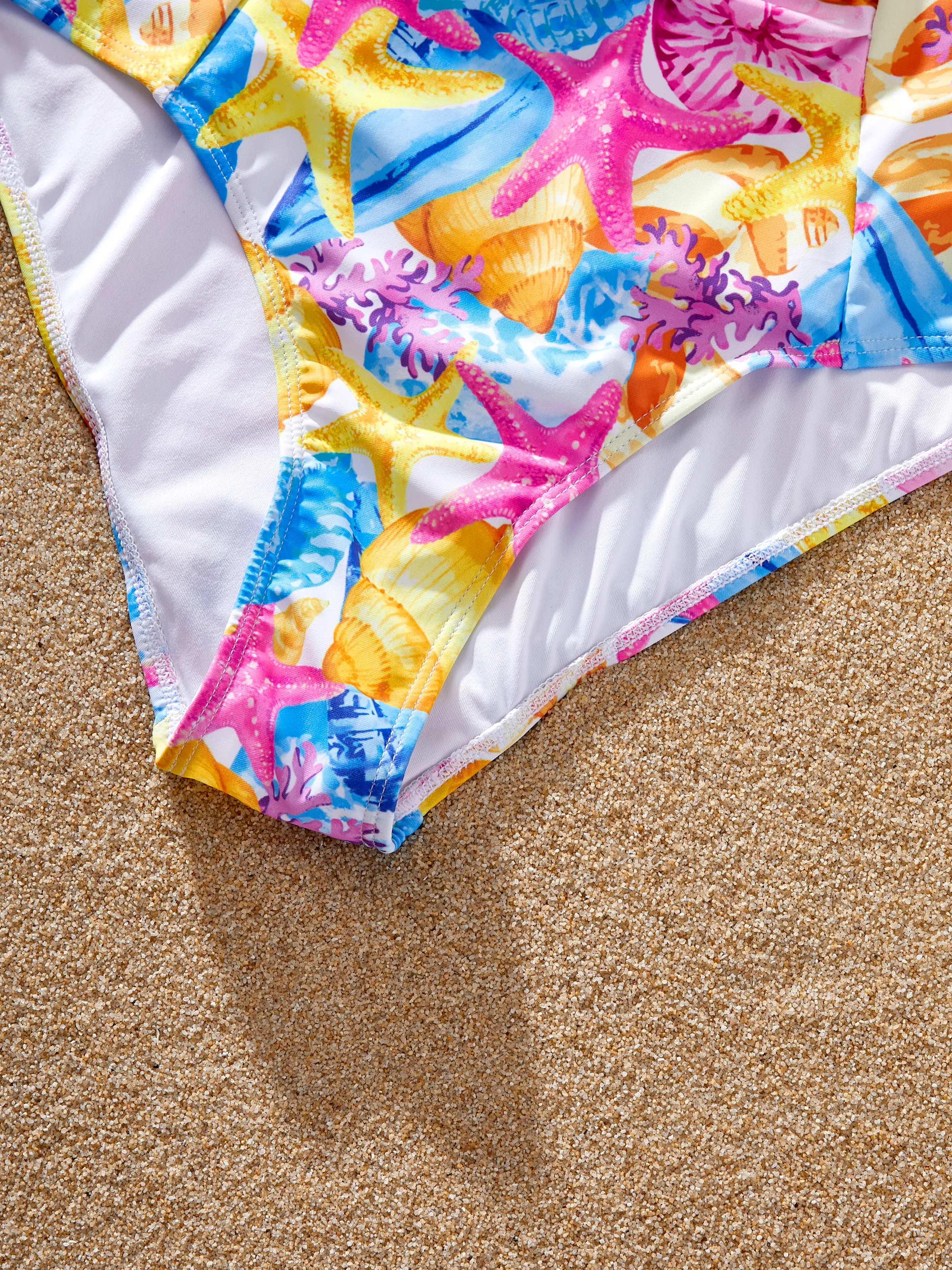 Family Matching Seashell & Starfish Print Swimsuits Ruched One-Piece & Swim Trunks Set Multi-color - Image 9