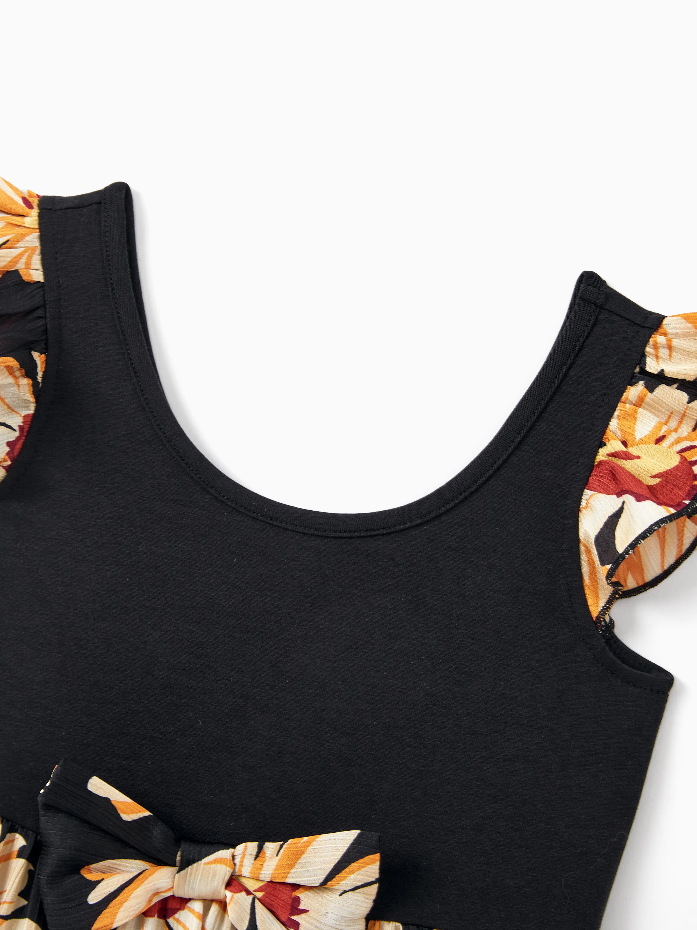 Family Matching Set Floral Sleeveless Strappy Dress or Colorblock Short-sleeve T-shirt  Black - Image 13