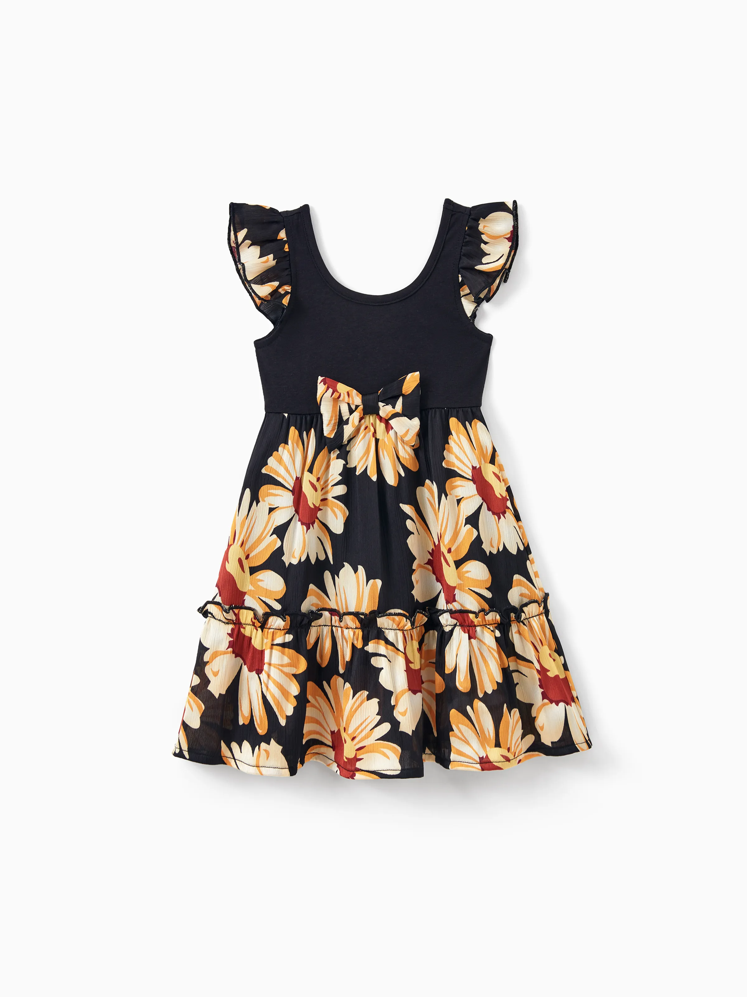 Family Matching Set Floral Sleeveless Strappy Dress or Colorblock Short-sleeve T-shirt  Black - Image 15