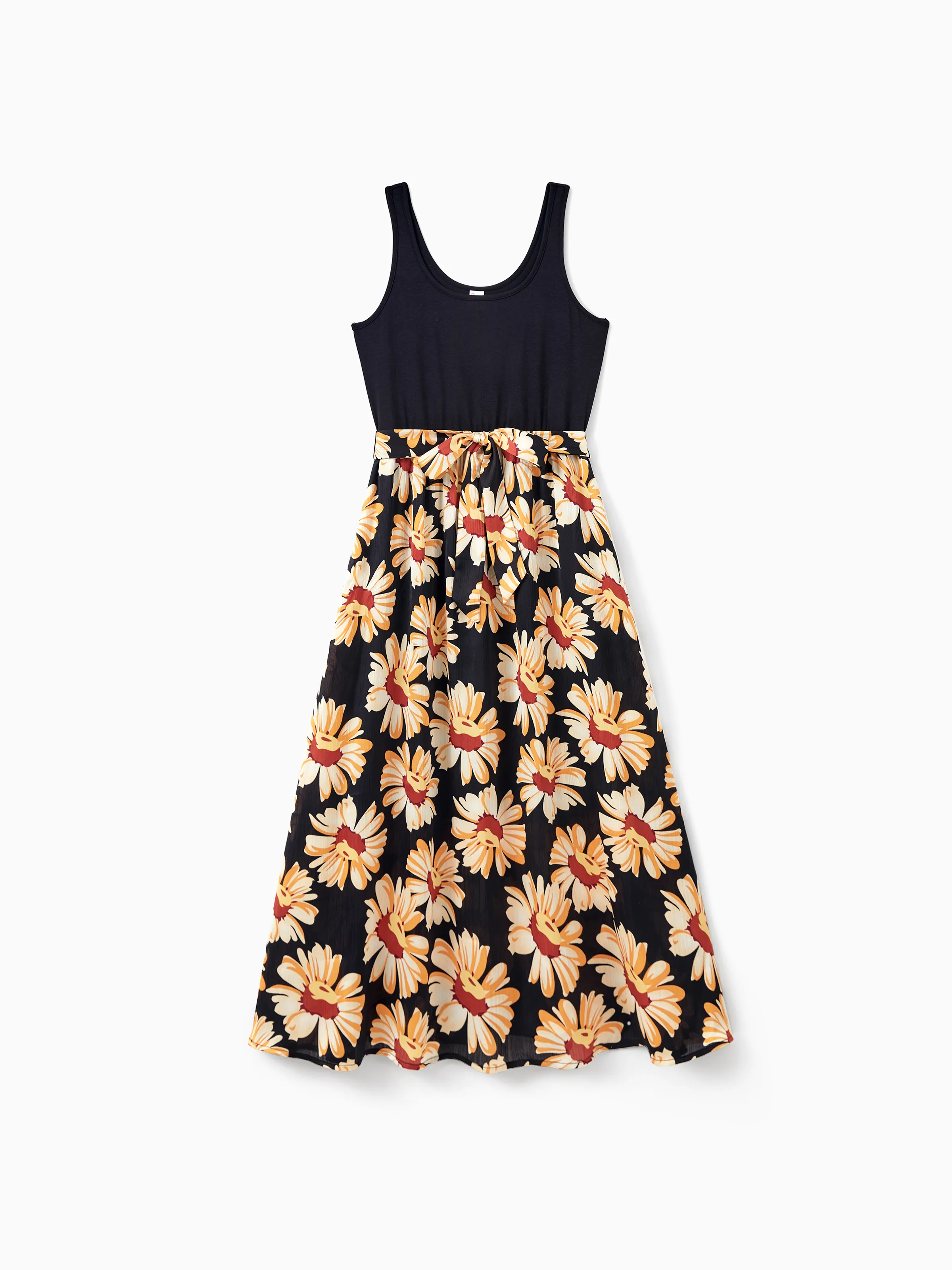 Family Matching Set Floral Sleeveless Strappy Dress or Colorblock Short-sleeve T-shirt  Black - Image 6