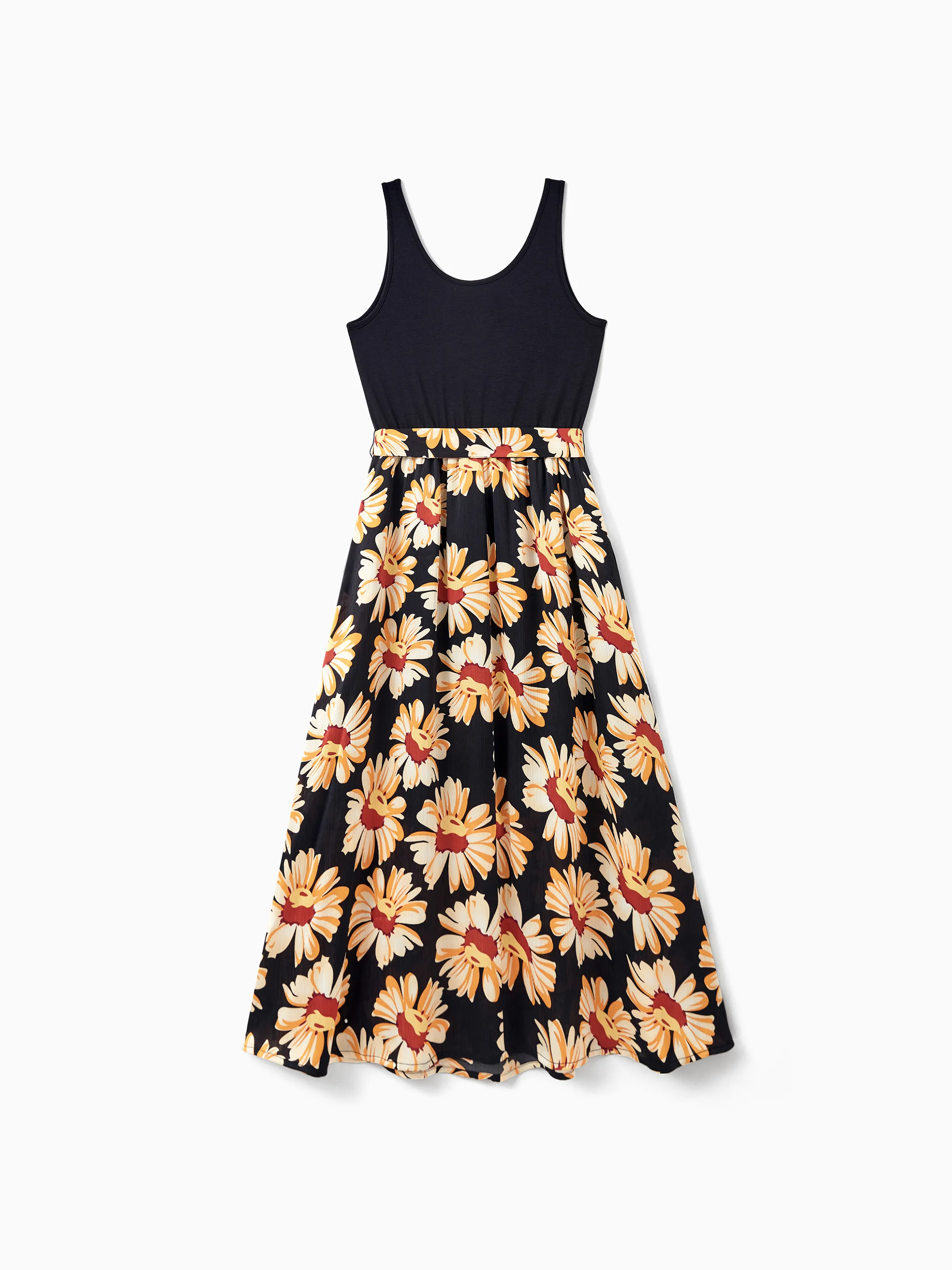 Family Matching Set Floral Sleeveless Strappy Dress or Colorblock Short-sleeve T-shirt  Black - Image 7