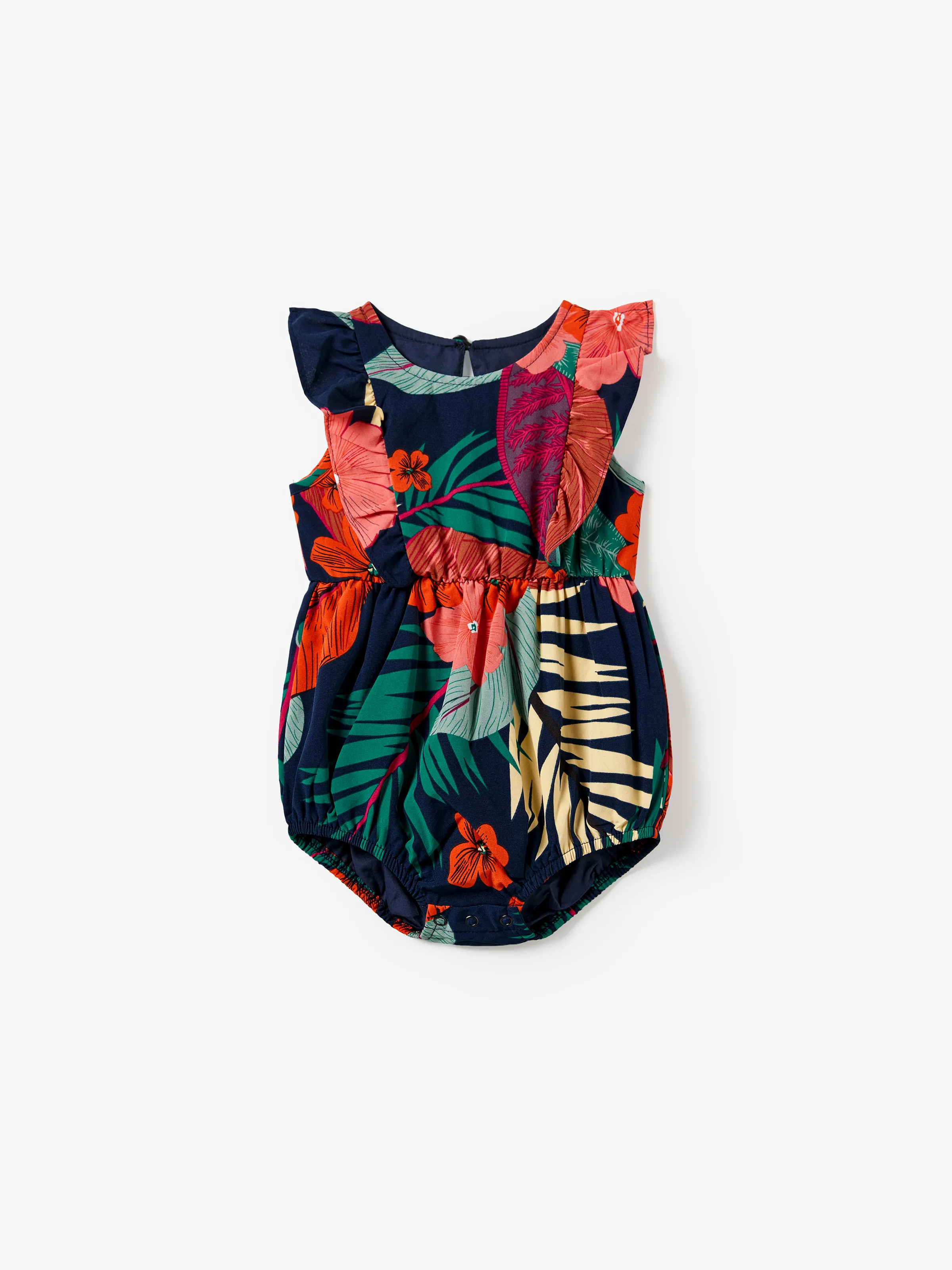 Family Matching Sets Floral Panel Black tee and V-neck Strap Dress with Hidden Snap Deep Blue - Image 13