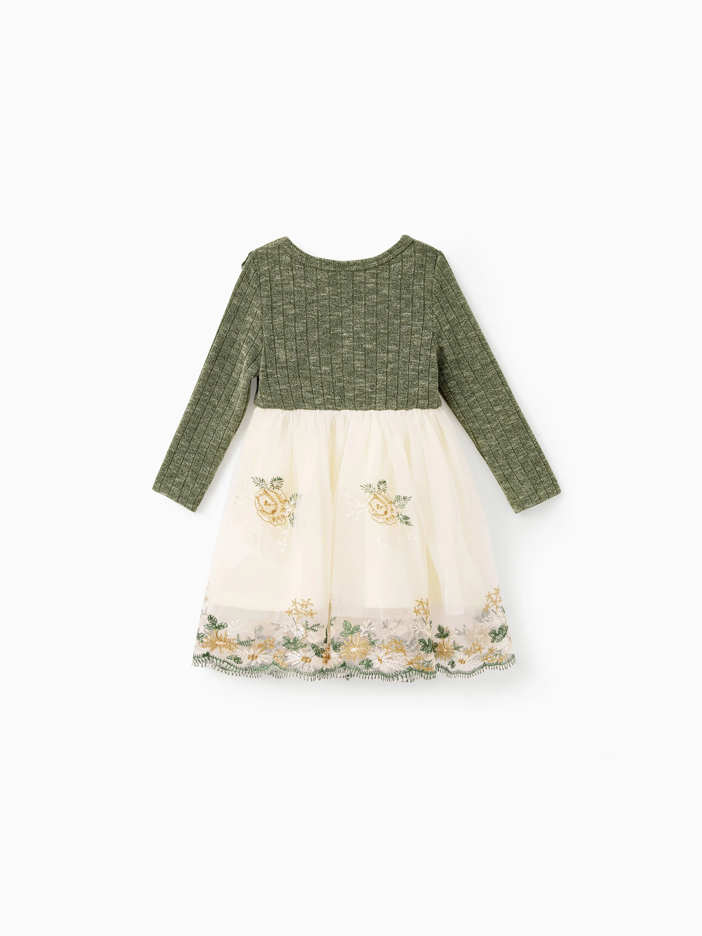 Family Matching Sets Green Long Sleeves Shirt or Ribbed Off-Shoulder Embroidered Tulle Dress Green - Image 13