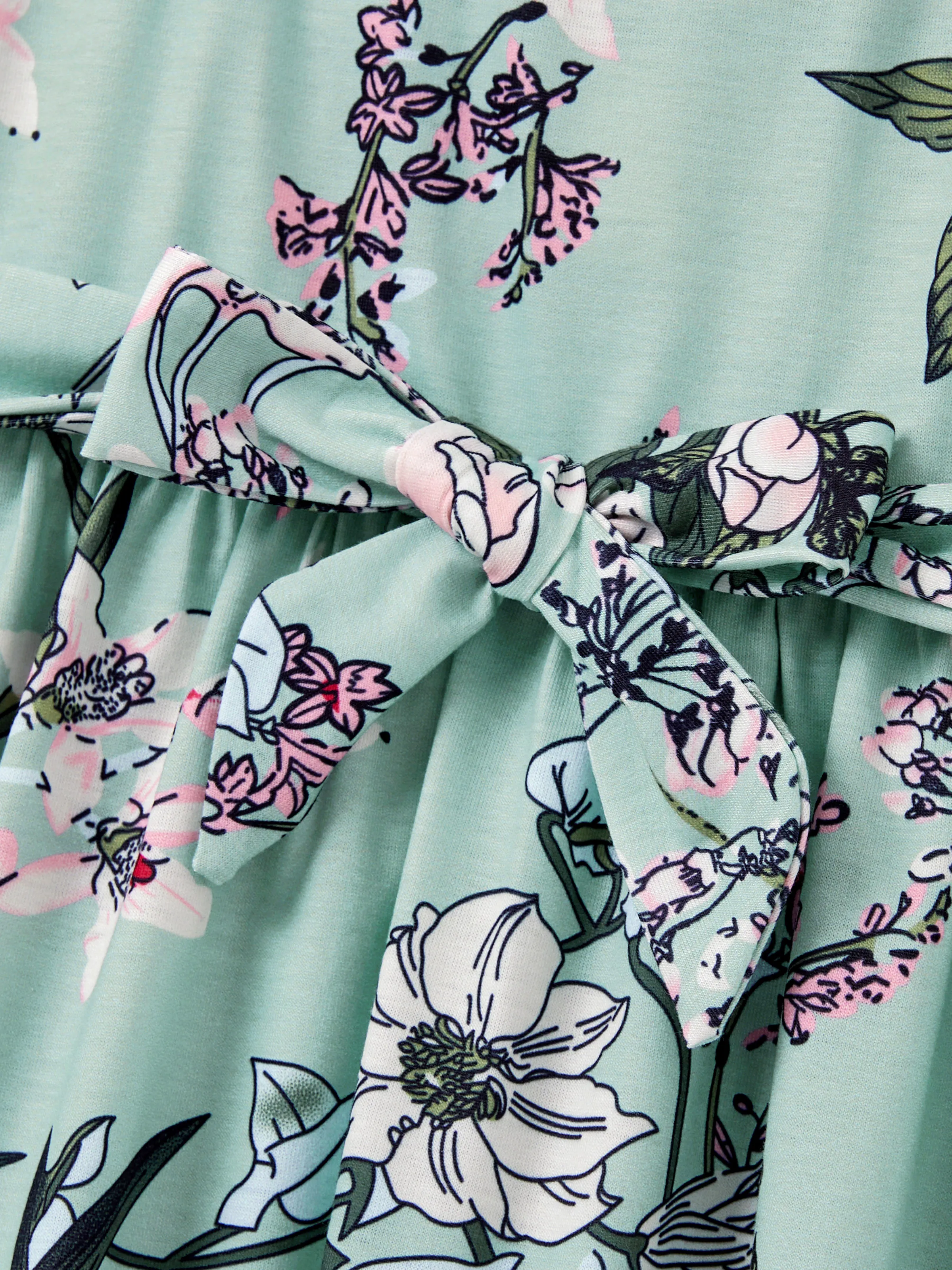 Family Matching Sets Green Striped Polo Shirt or Flora Print Strap Belted Dress Light Green - Image 11