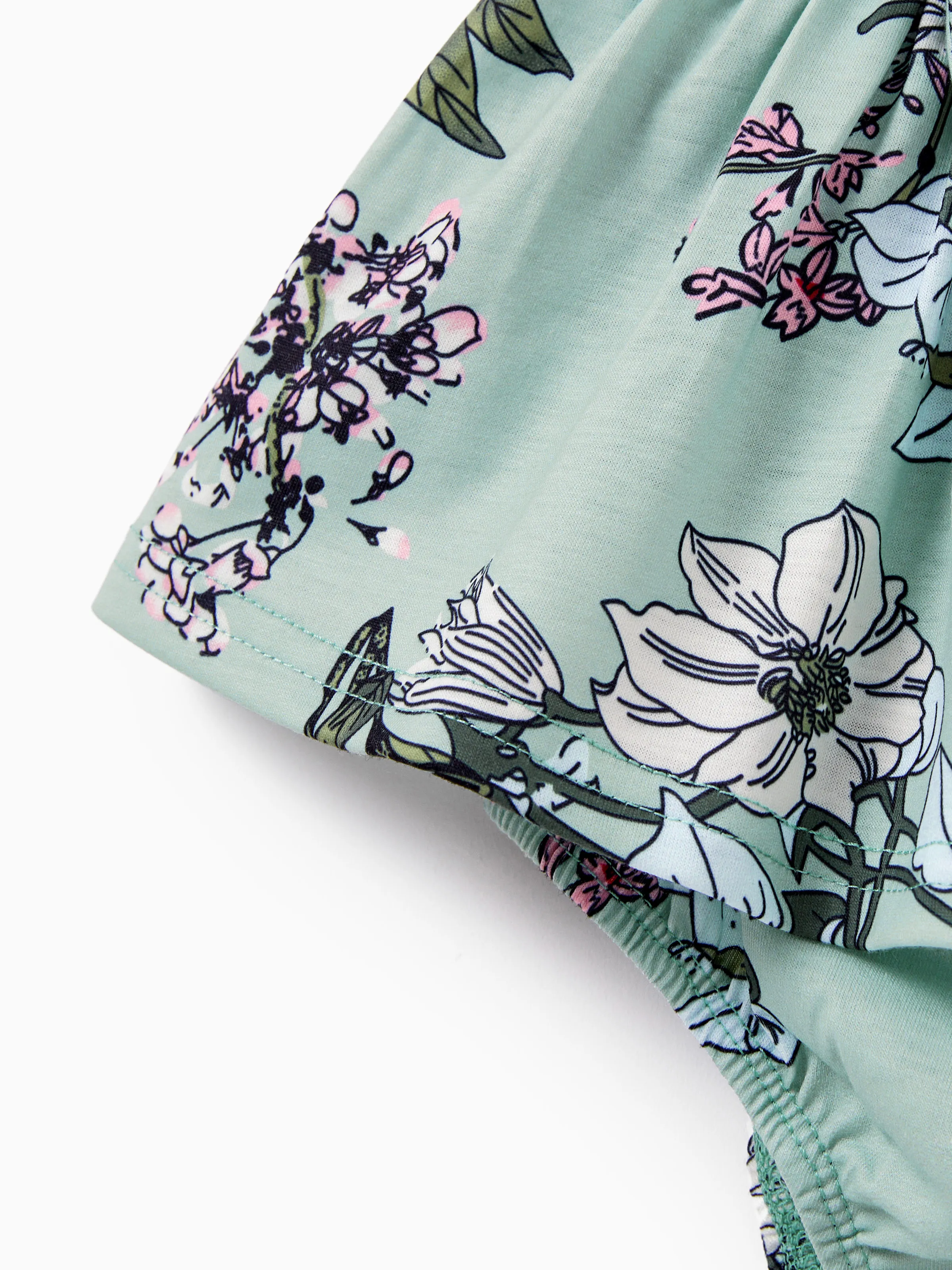 Family Matching Sets Green Striped Polo Shirt or Flora Print Strap Belted Dress Light Green - Image 16