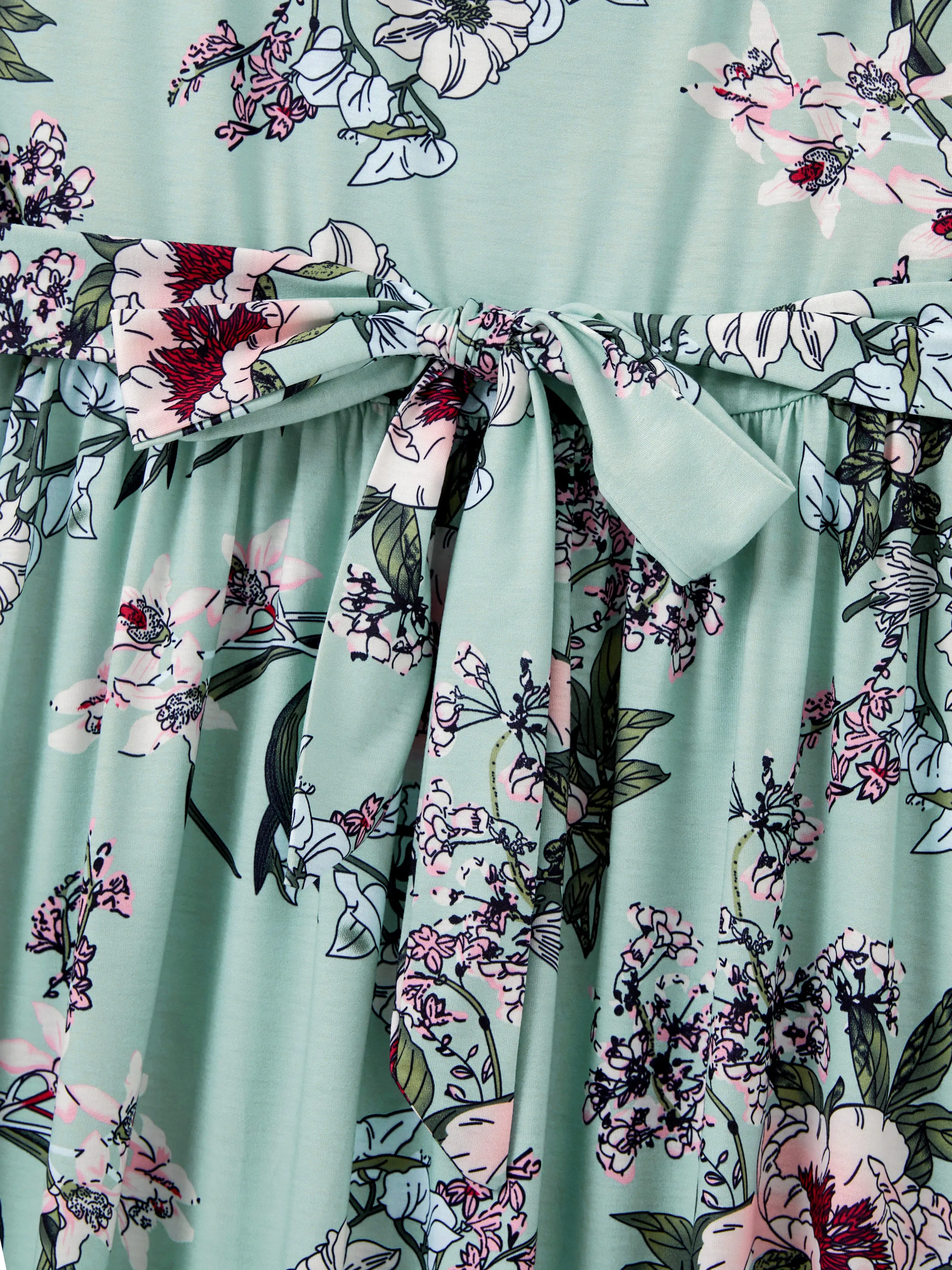 Family Matching Sets Green Striped Polo Shirt or Flora Print Strap Belted Dress Light Green - Image 6