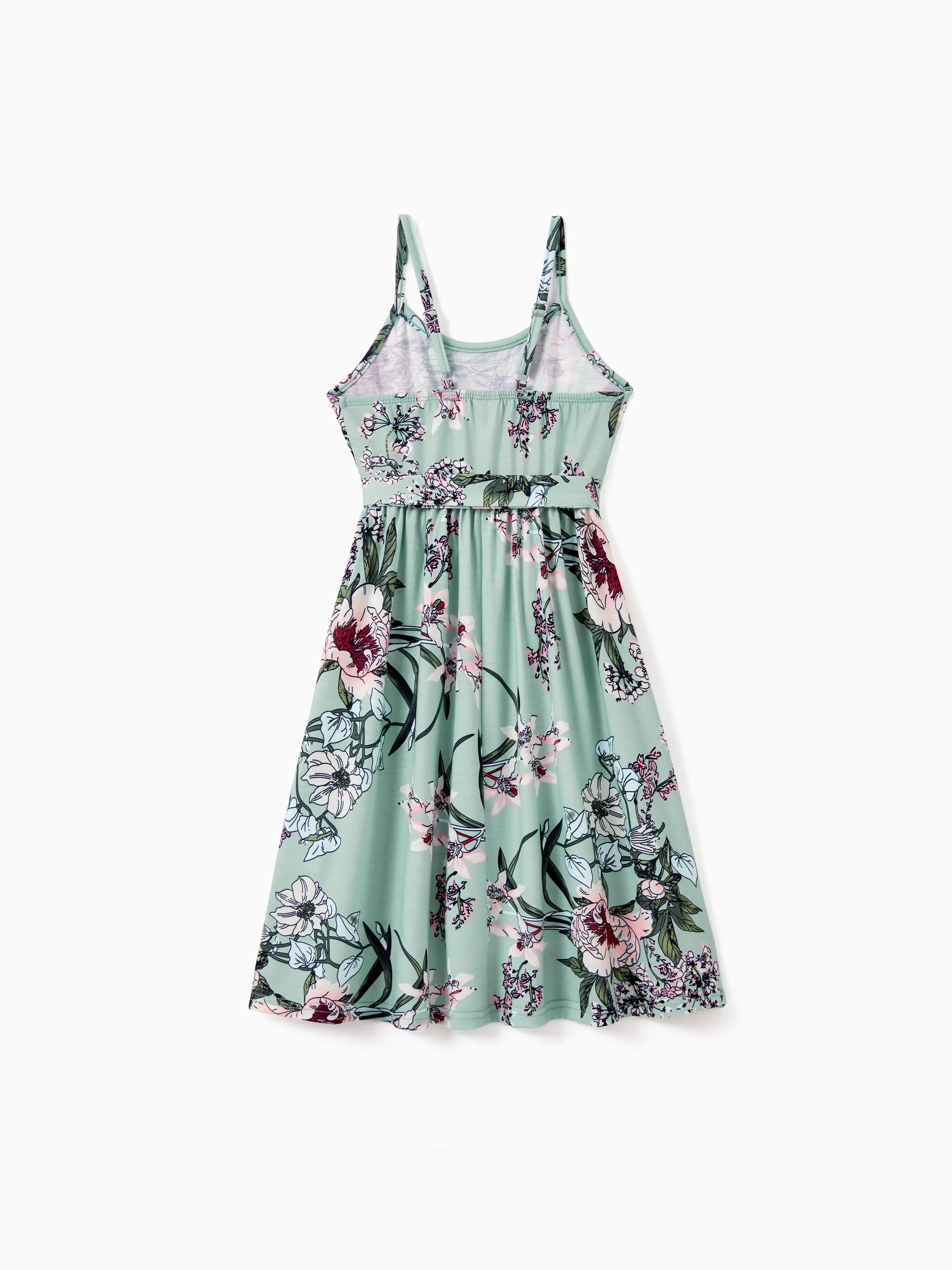 Family Matching Sets Green Striped Polo Shirt or Flora Print Strap Belted Dress Light Green - Image 8