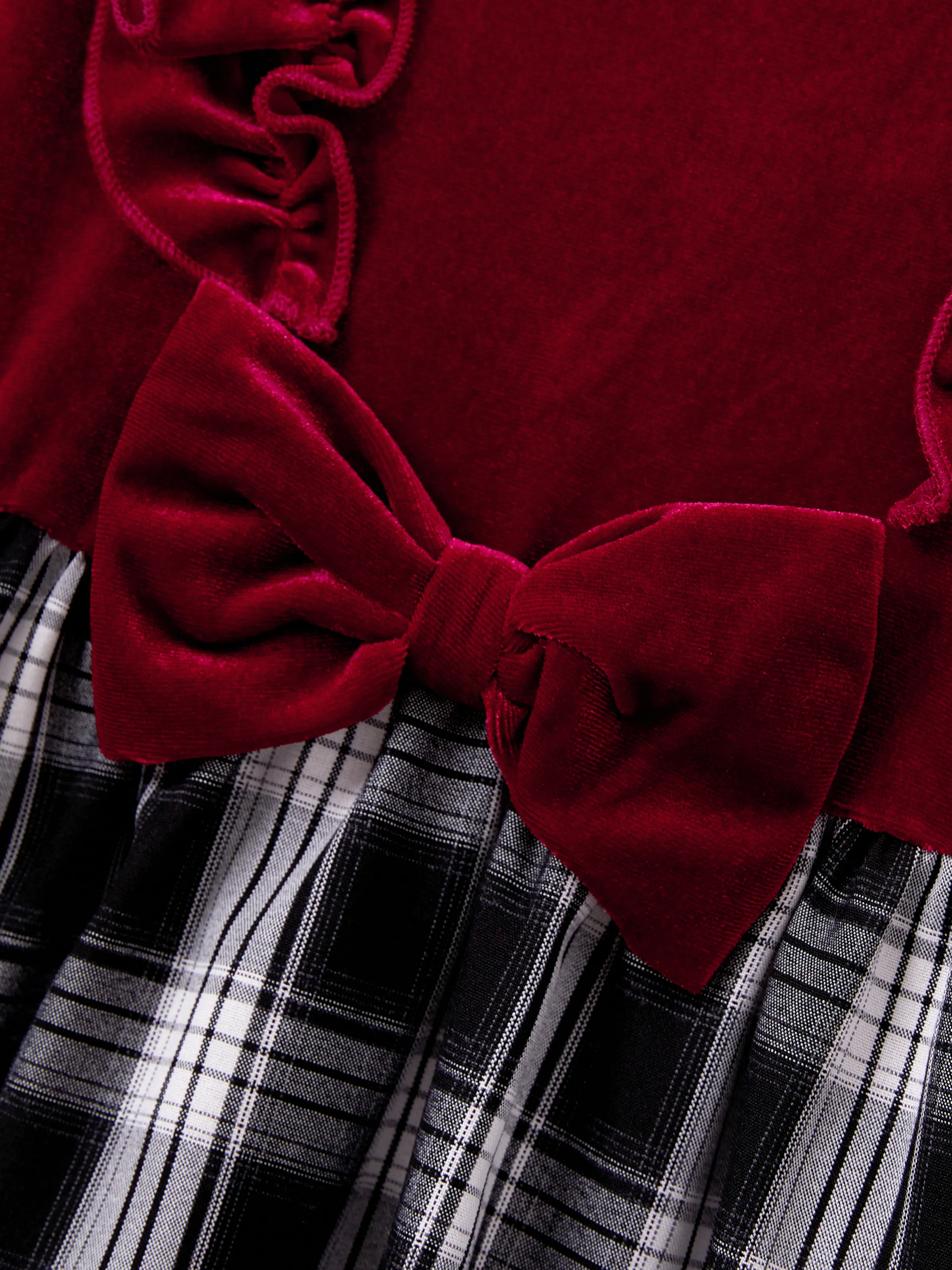 Family Matching Sets Long Sleeves Black and White Plaid Sweatshirt or Velvet Short-sleeve Belted Dress Burgundy - Image 11