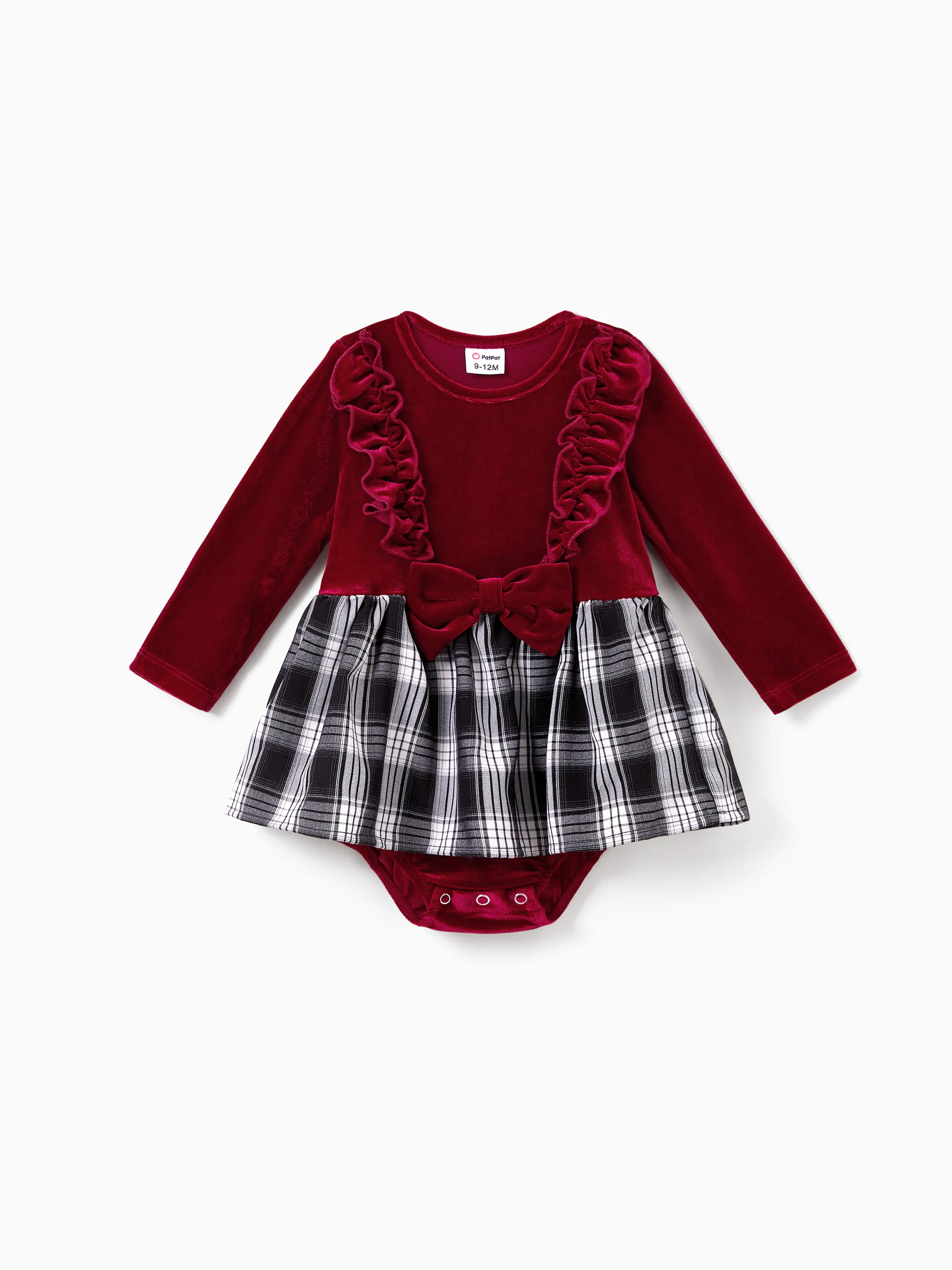Family Matching Sets Long Sleeves Black and White Plaid Sweatshirt or Velvet Short-sleeve Belted Dress Burgundy - Image 12