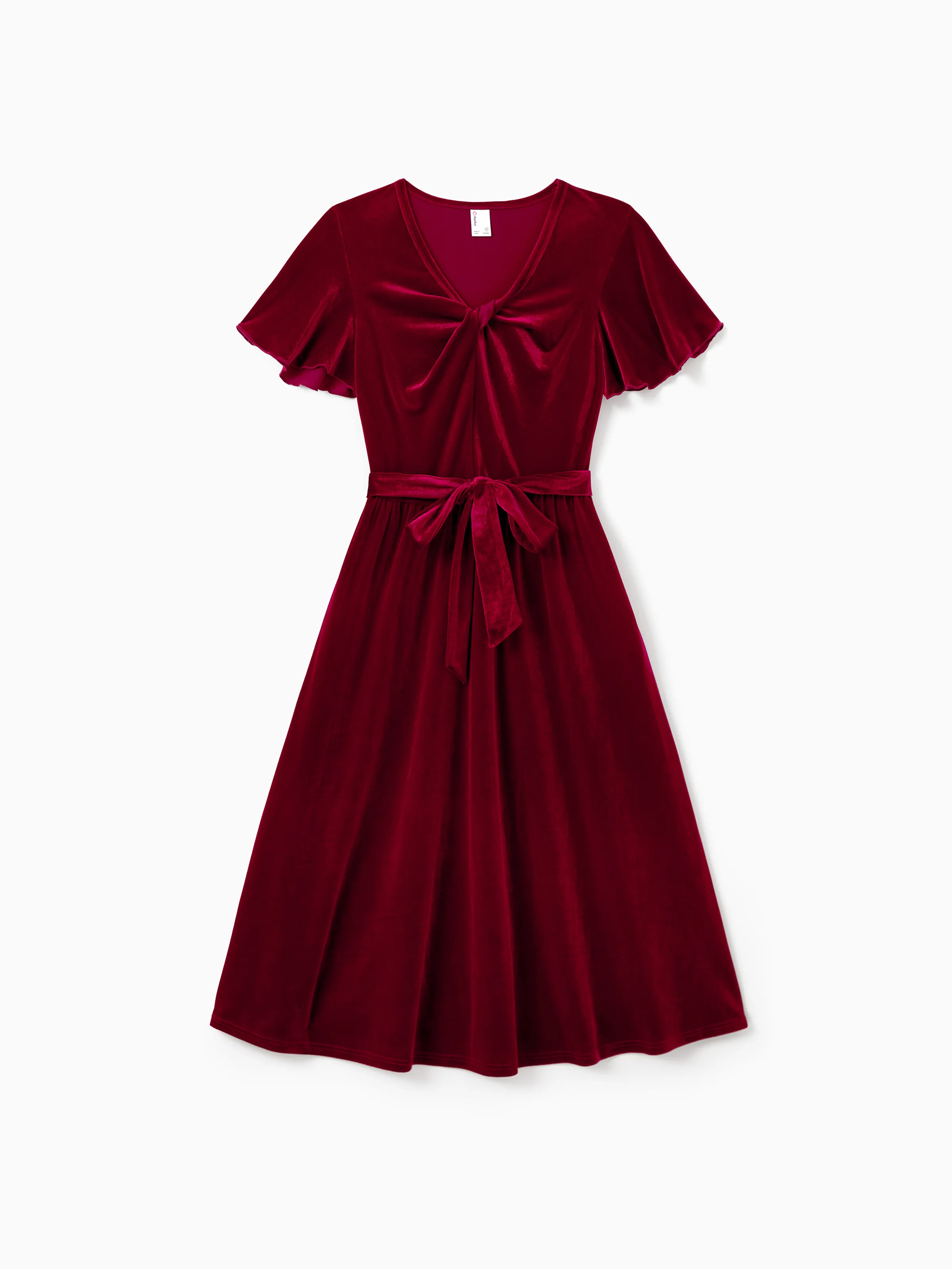 Family Matching Sets Long Sleeves Black and White Plaid Sweatshirt or Velvet Short-sleeve Belted Dress Burgundy - Image 2
