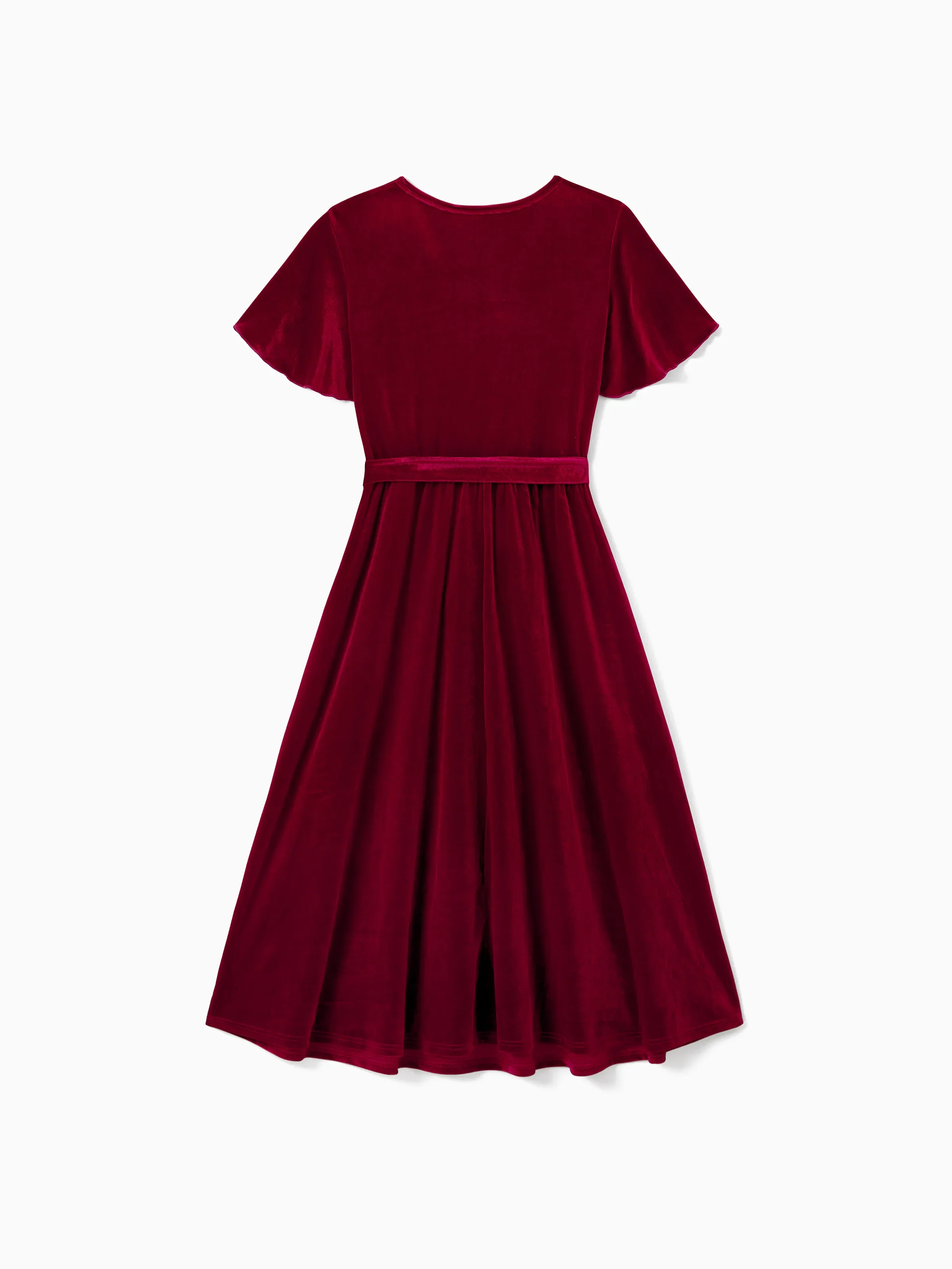 Family Matching Sets Long Sleeves Black and White Plaid Sweatshirt or Velvet Short-sleeve Belted Dress Burgundy - Image 3