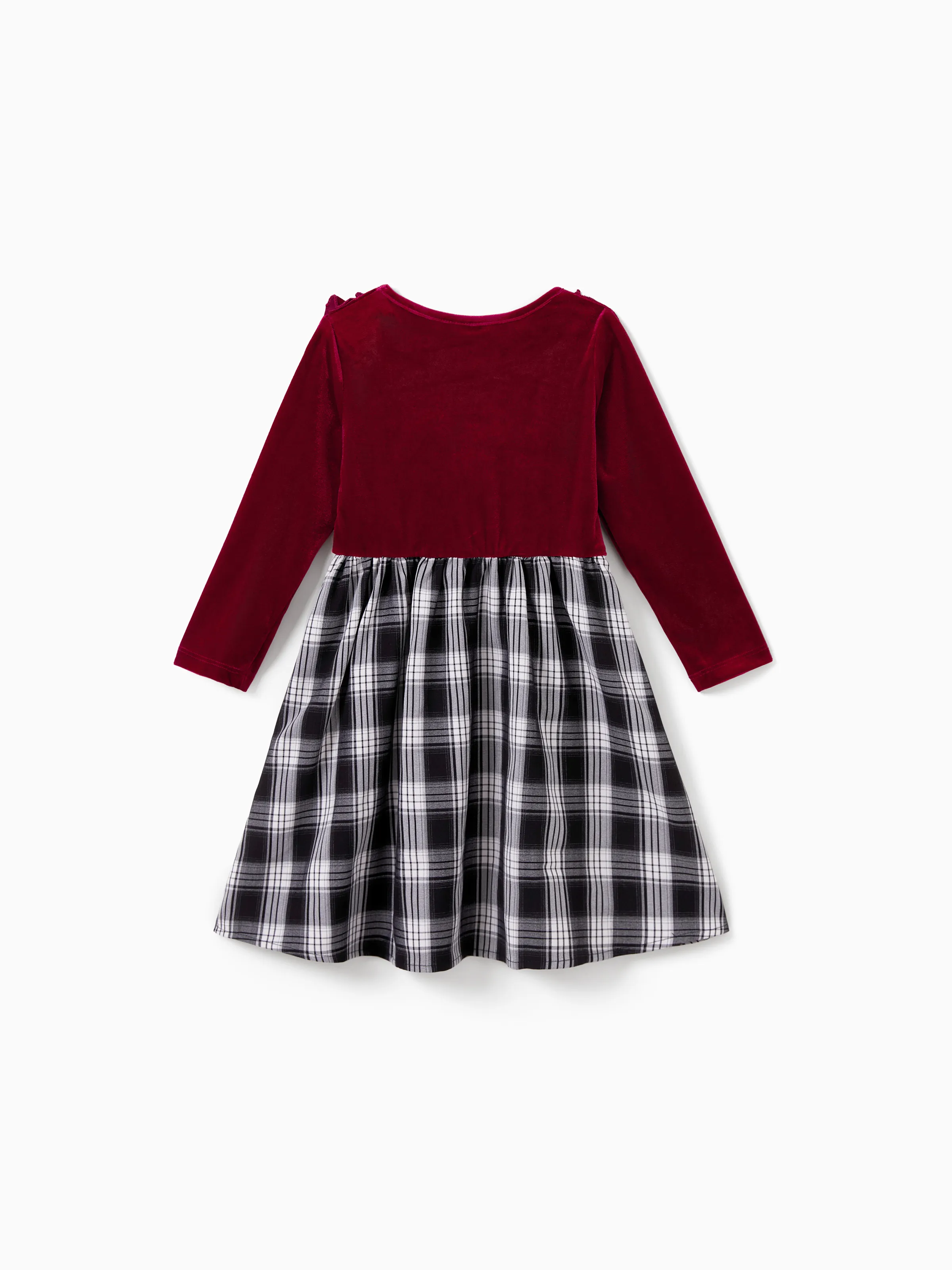 Family Matching Sets Long Sleeves Black and White Plaid Sweatshirt or Velvet Short-sleeve Belted Dress Burgundy - Image 8