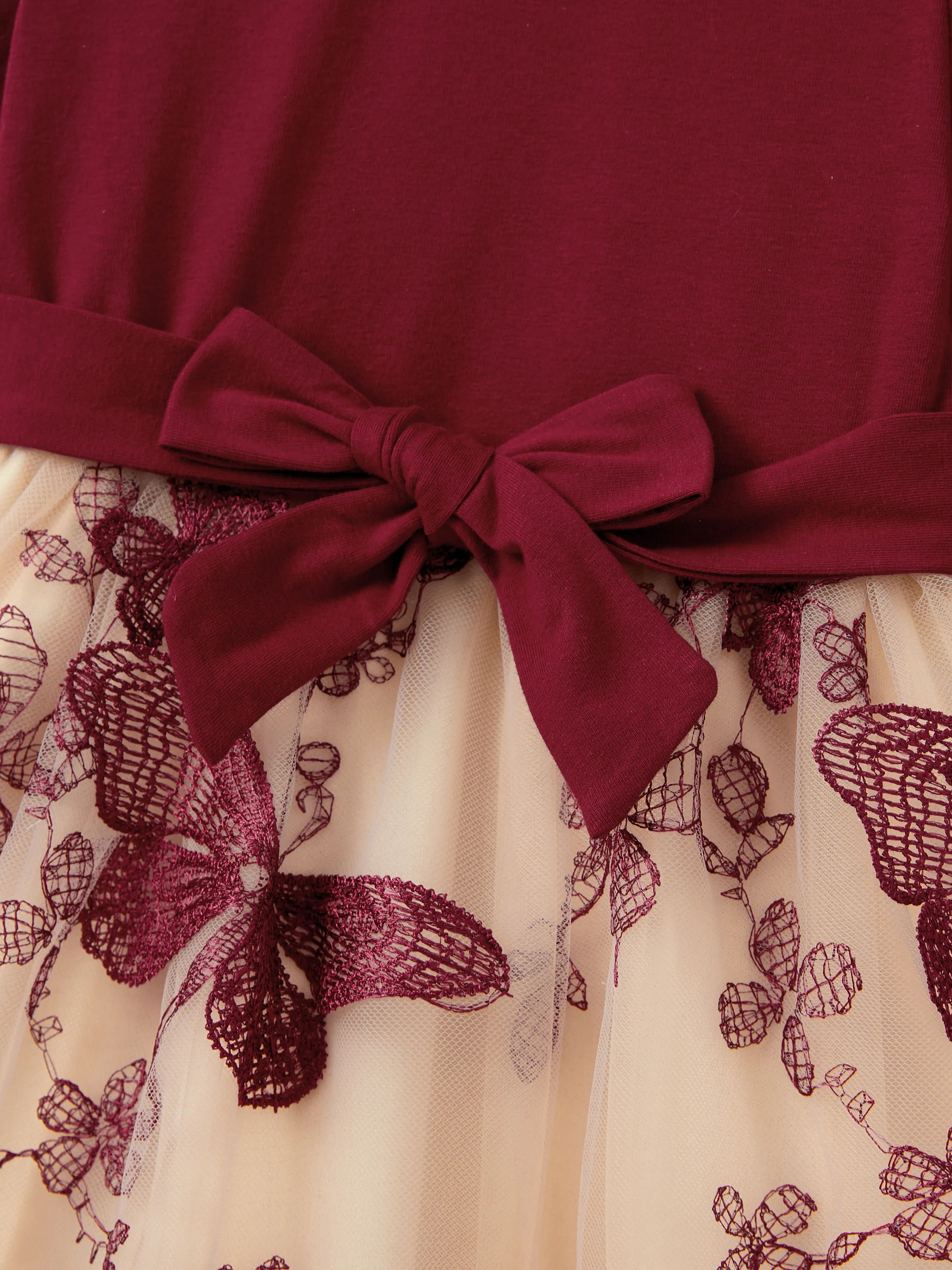 Family Matching Sets Long Sleeves Sweatshirt or Off-Shoulder Butterfly Embroidered Tulle Dress Burgundy - Image 11