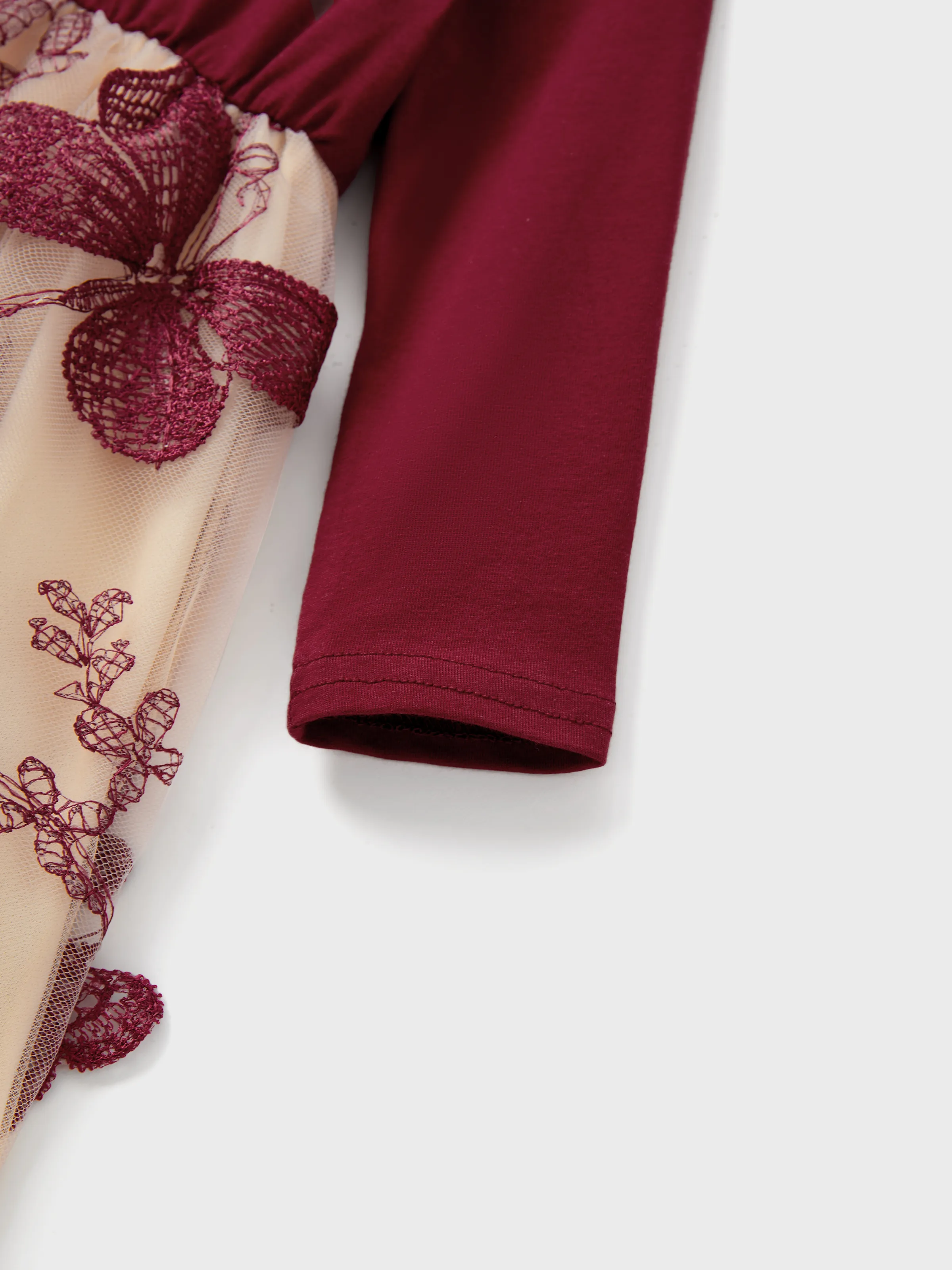 Family Matching Sets Long Sleeves Sweatshirt or Off-Shoulder Butterfly Embroidered Tulle Dress Burgundy - Image 15