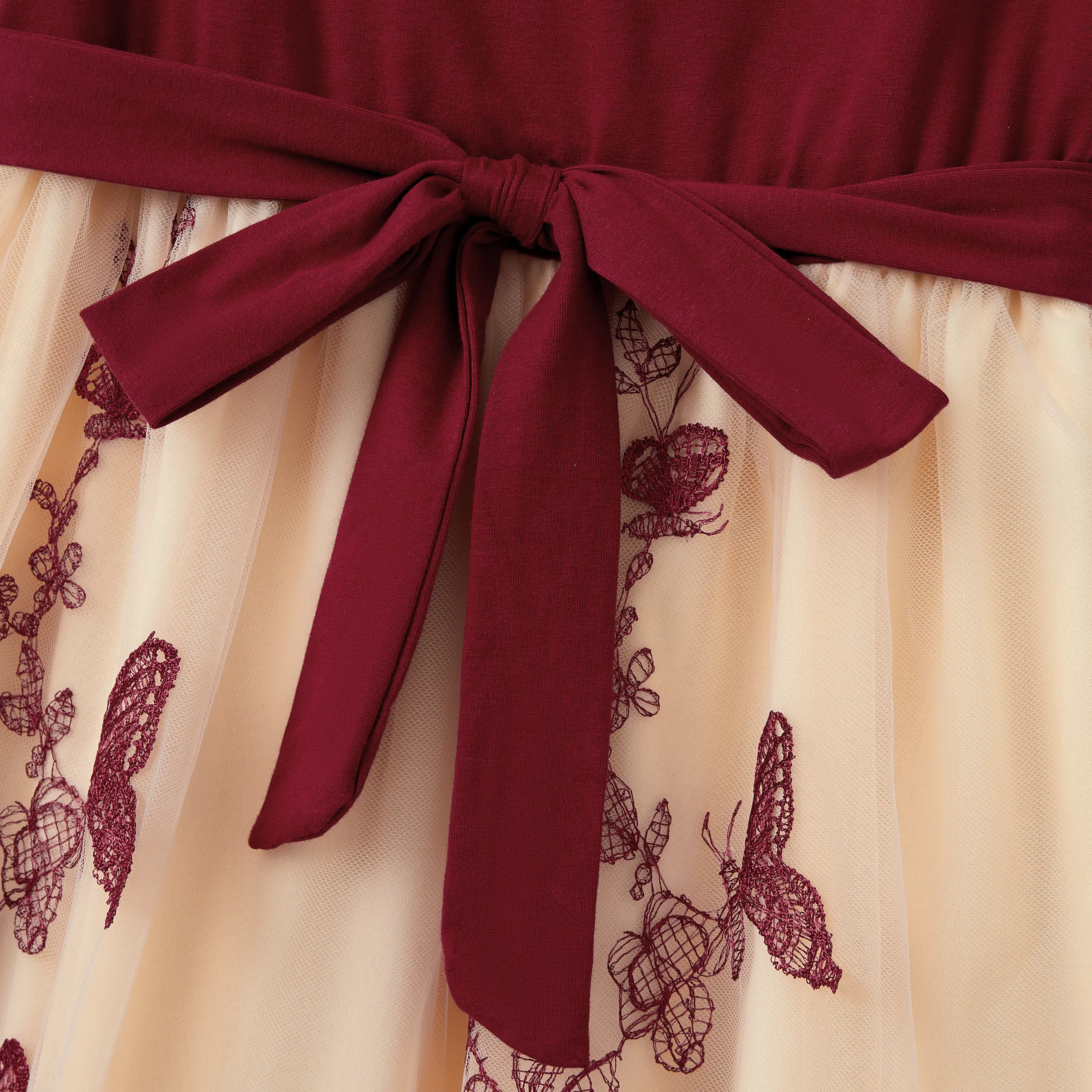Family Matching Sets Long Sleeves Sweatshirt or Off-Shoulder Butterfly Embroidered Tulle Dress Burgundy - Image 5