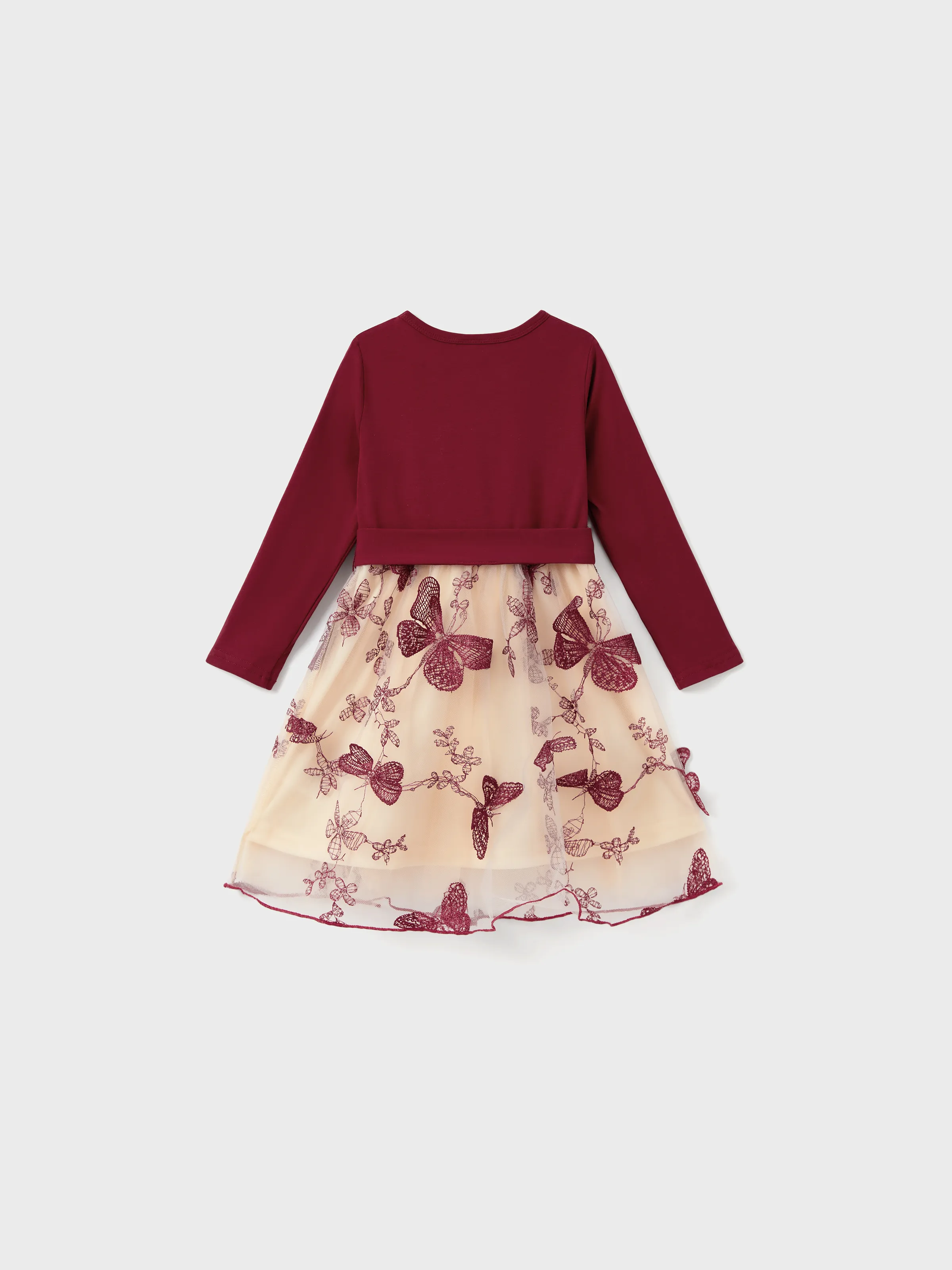 Family Matching Sets Long Sleeves Sweatshirt or Off-Shoulder Butterfly Embroidered Tulle Dress Burgundy - Image 8
