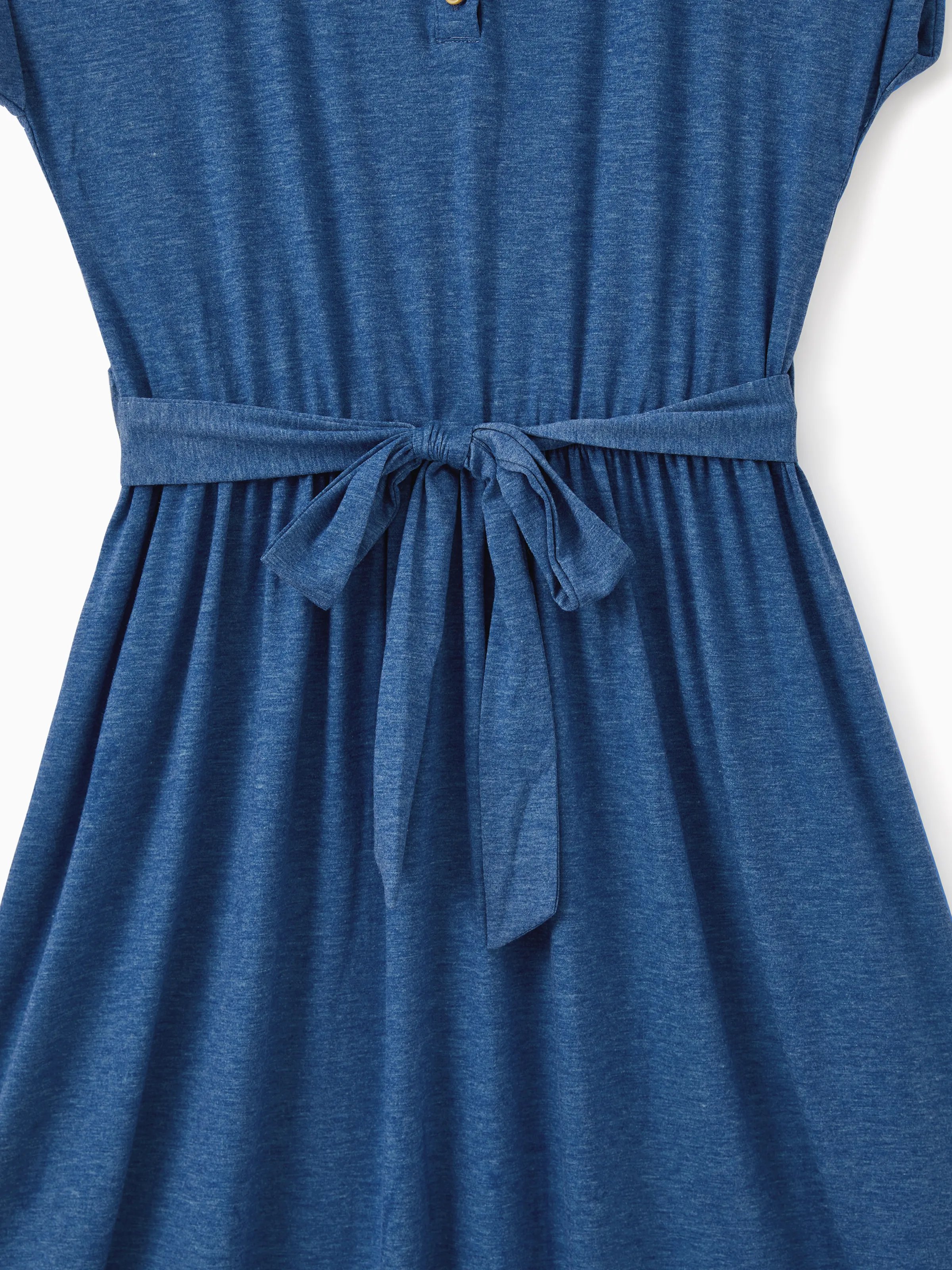 Family Matching Soft Casual Outfit with Below Knee Dresses, Front Buttons, Belted Design Blue - Image 7
