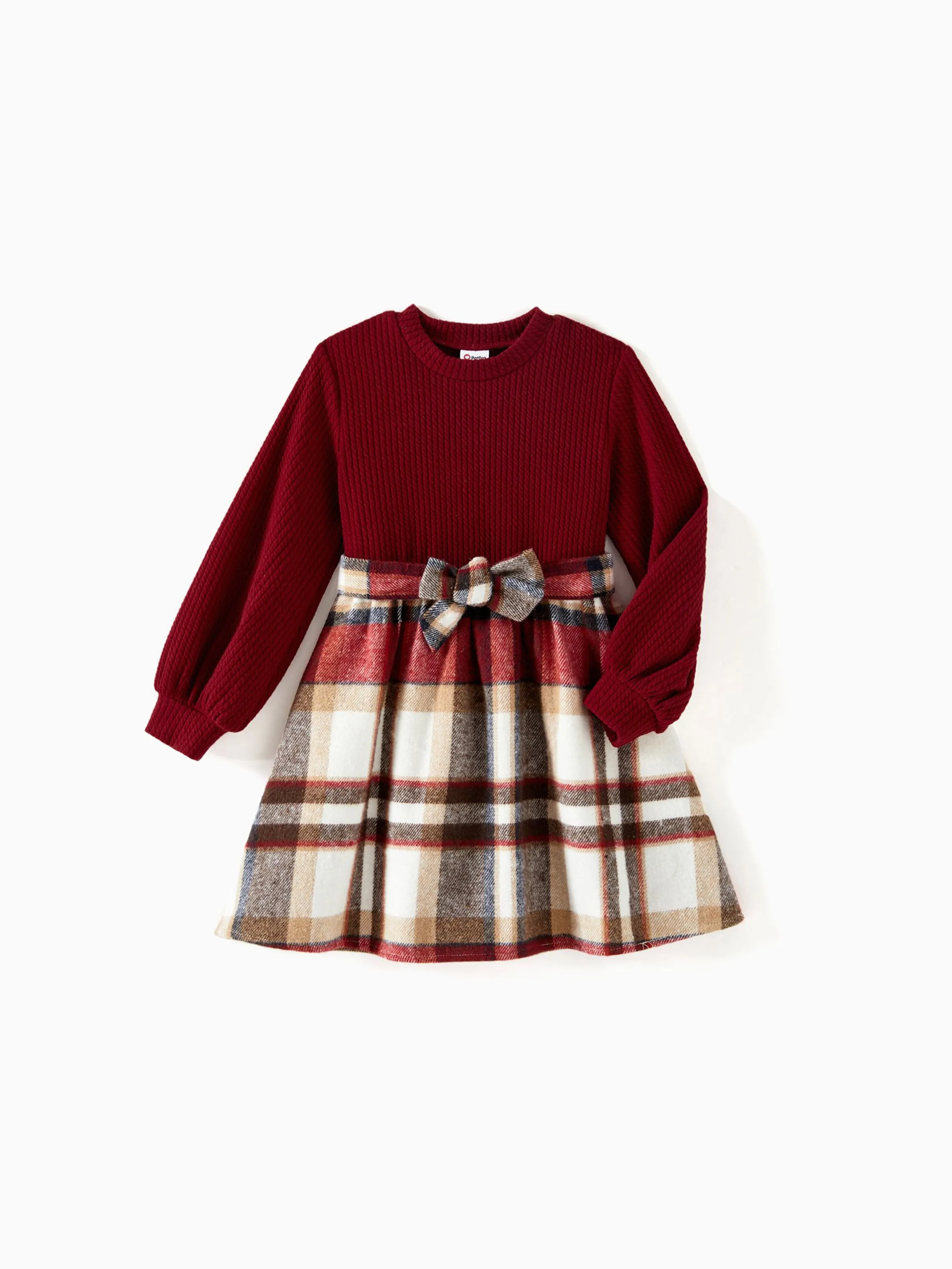 Family Matching Solid Ribbed Spliced Plaid Belted Dresses and Long-sleeve Button Up Shirts Sets MAROON - Image 12
