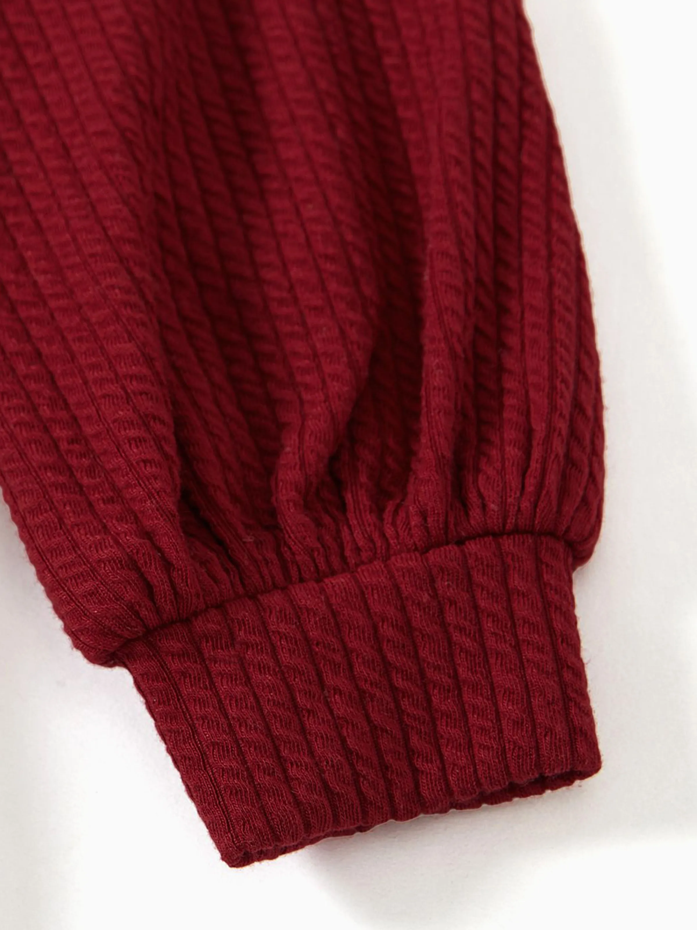 Family Matching Solid Ribbed Spliced Plaid Belted Dresses and Long-sleeve Button Up Shirts Sets MAROON - Image 5