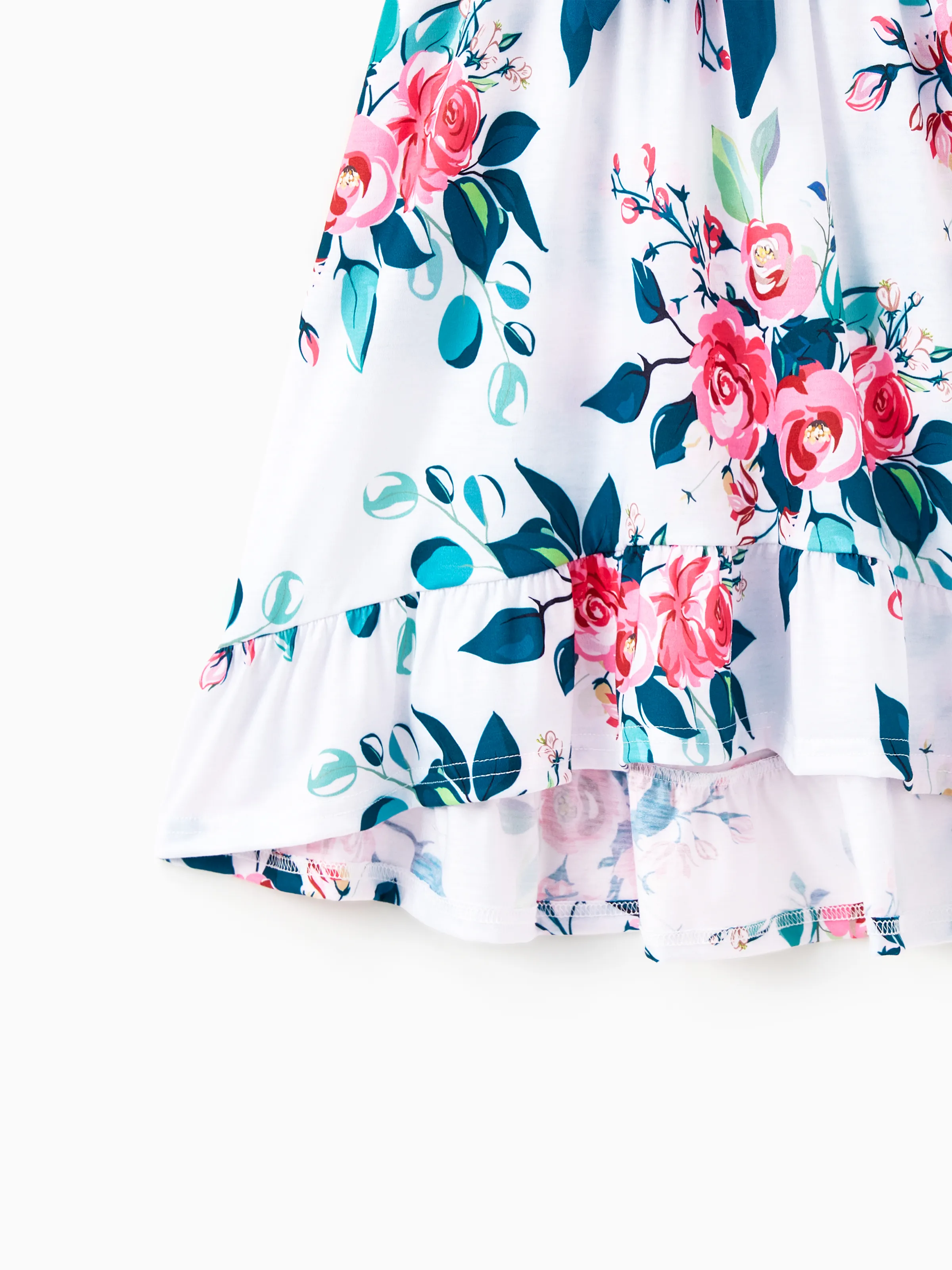 Family Matching Solid V Neck Flutter-sleeve Splicing Floral Print Dresses and Short-sleeve Colorblock T-shirts Sets Azure- - Image 11