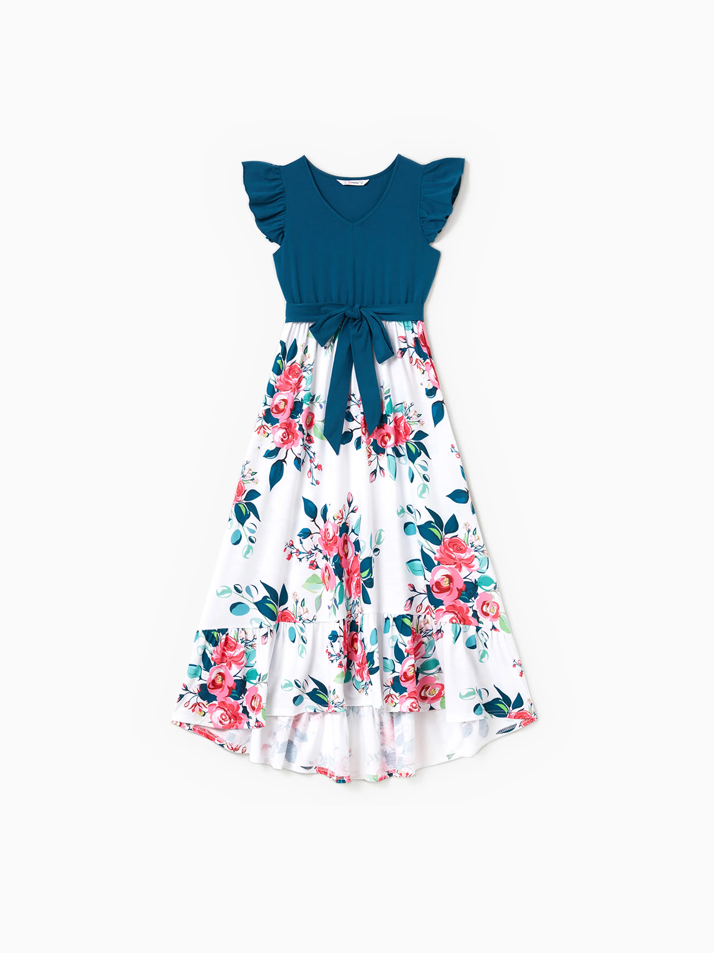 Family Matching Solid V Neck Flutter-sleeve Splicing Floral Print Dresses and Short-sleeve Colorblock T-shirts Sets Azure- - Image 3