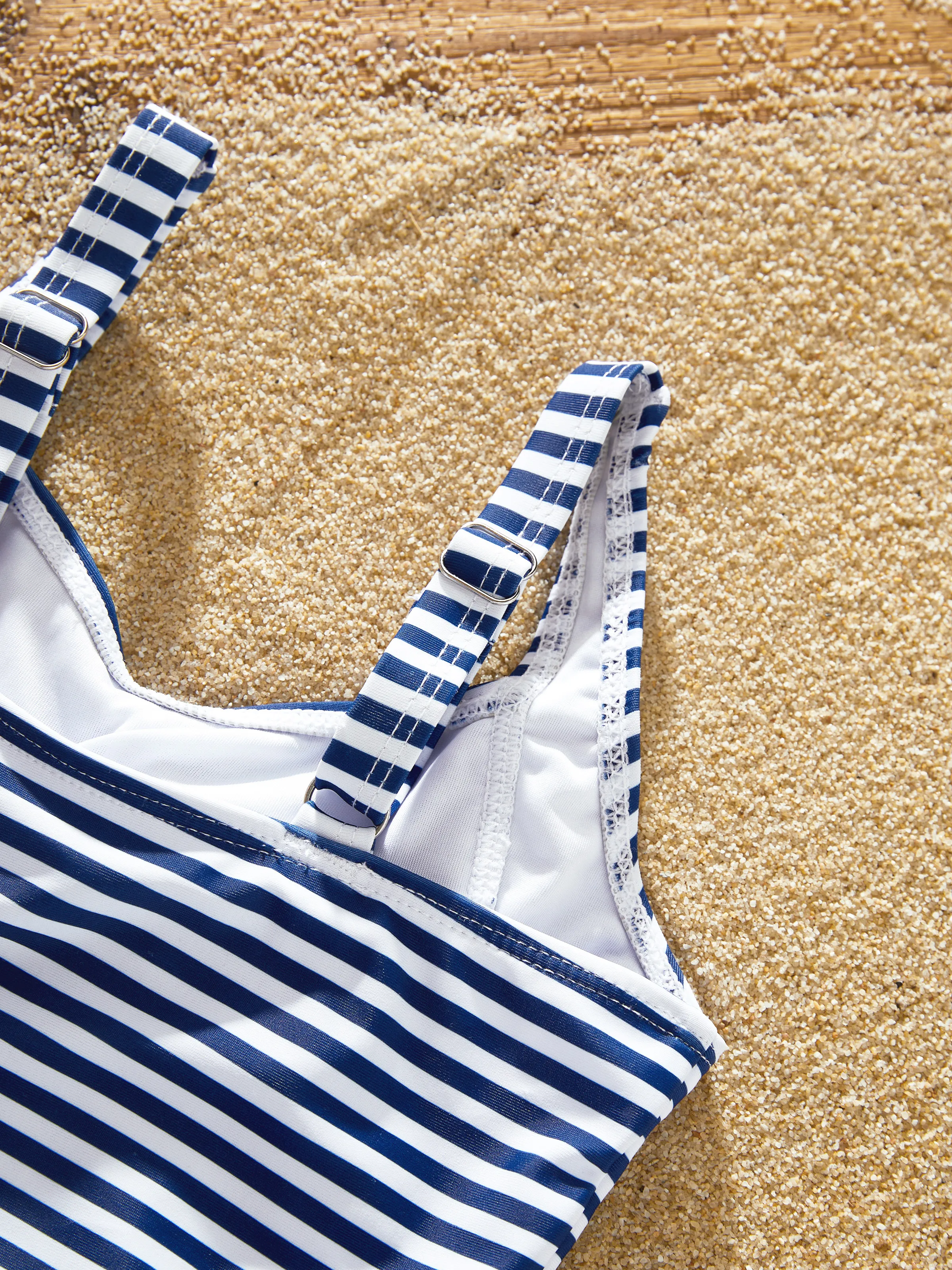 Family Matching Stripe Swim Trunks or One-piece Strap Swimsuit Dark Blue+white - Image 10