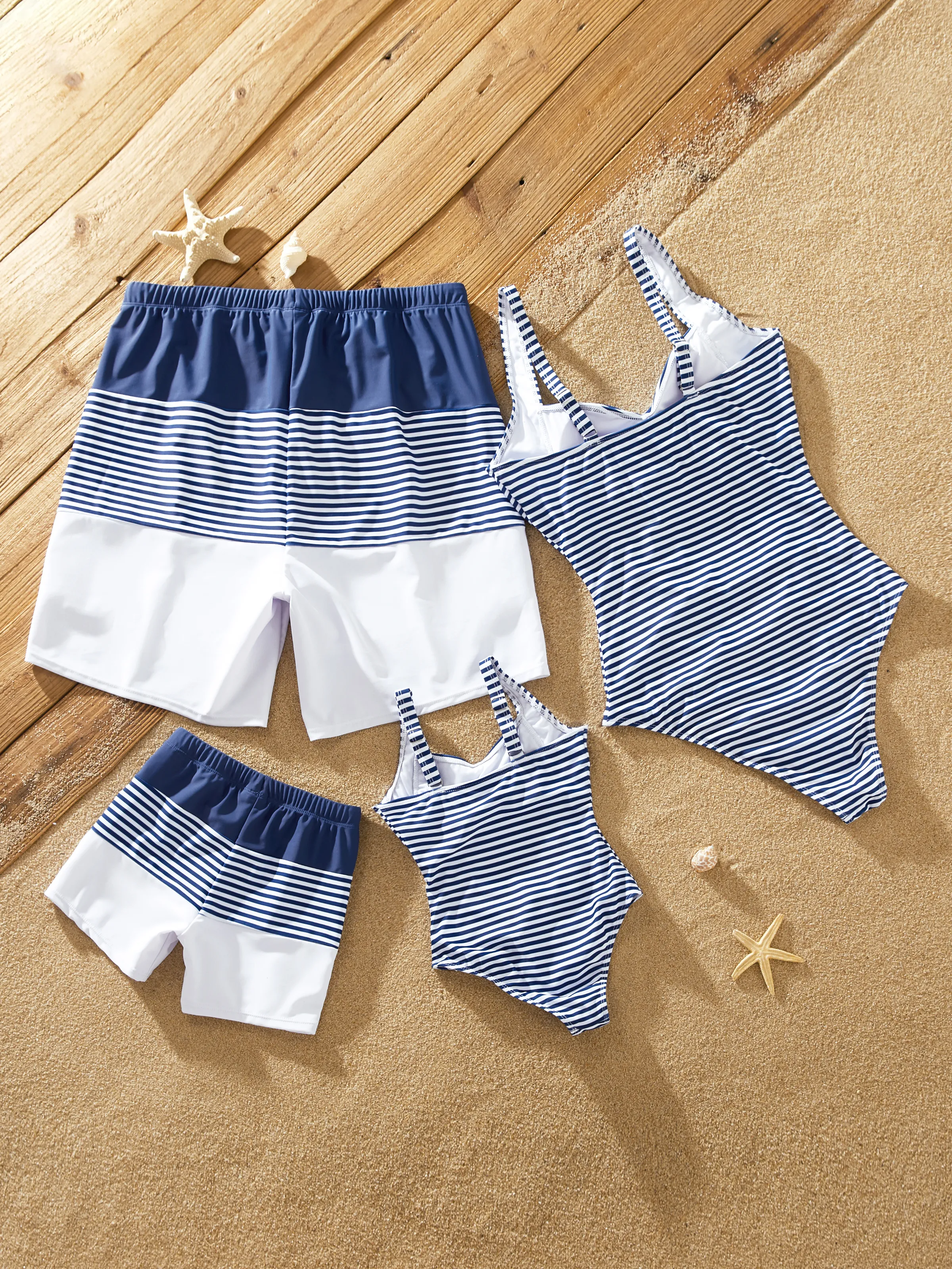 Family Matching Stripe Swim Trunks or One-piece Strap Swimsuit Dark Blue+white - Image 13