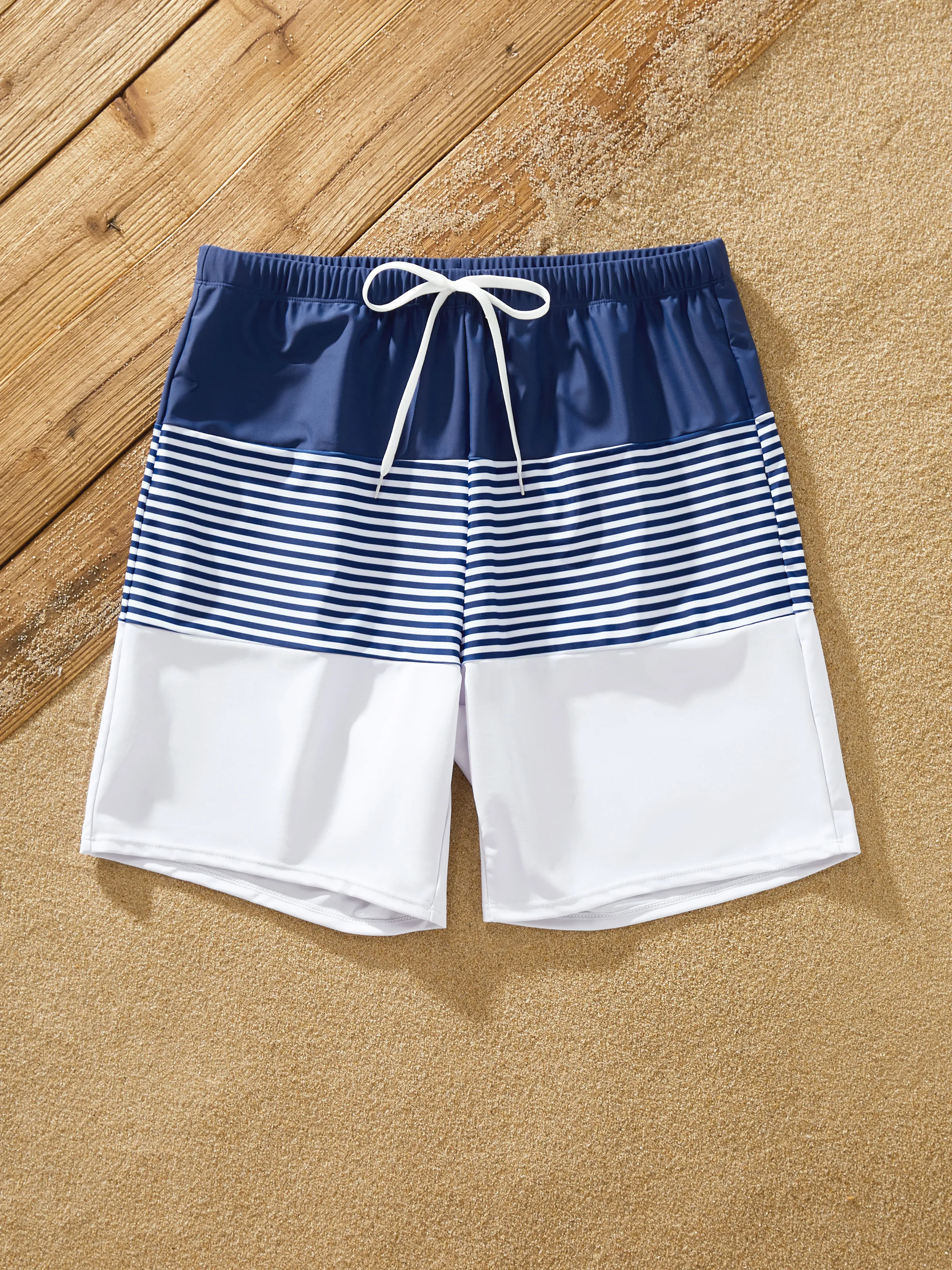 Family Matching Stripe Swim Trunks or One-piece Strap Swimsuit Dark Blue+white - Image 16