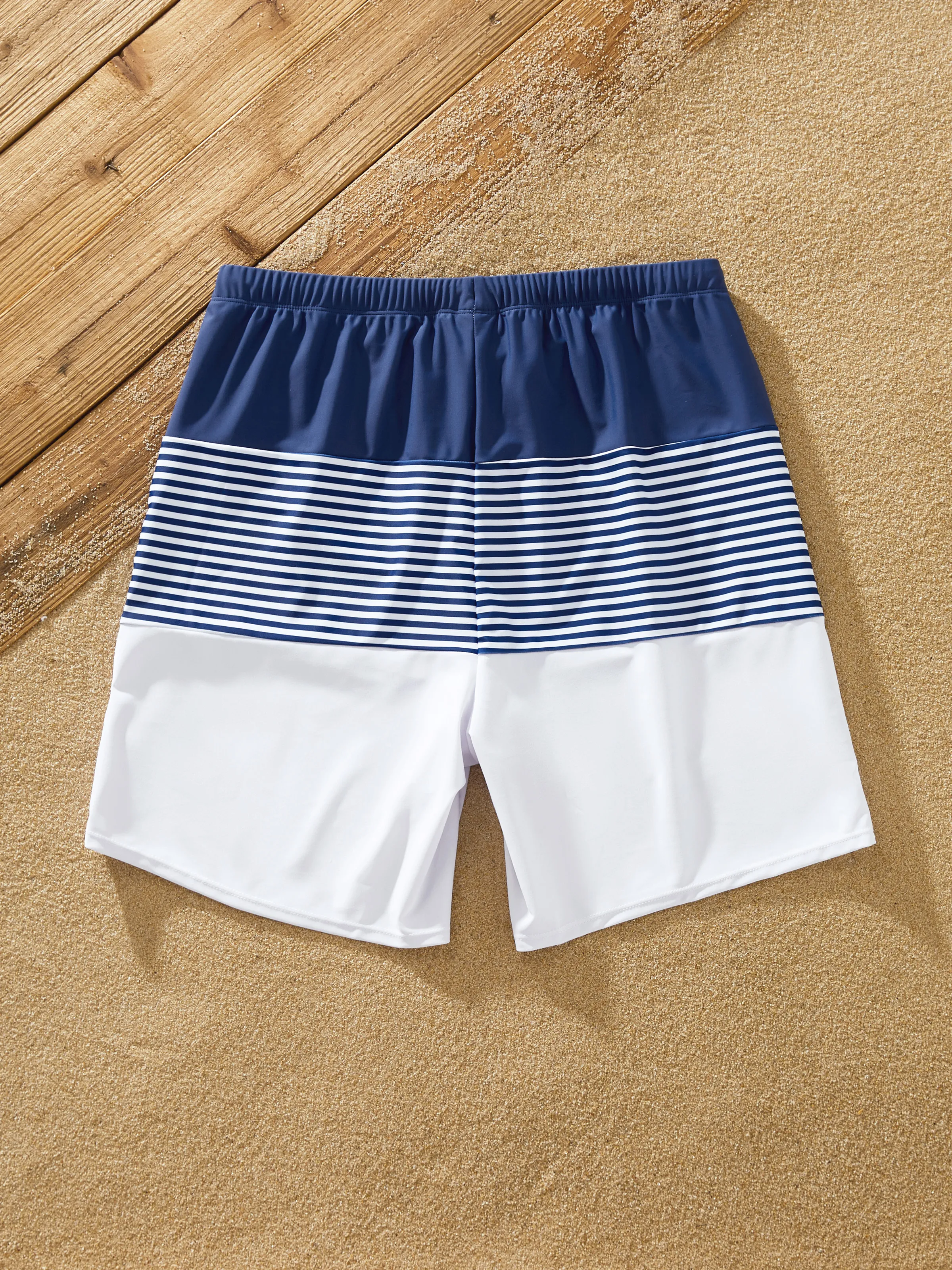 Family Matching Stripe Swim Trunks or One-piece Strap Swimsuit Dark Blue+white - Image 17