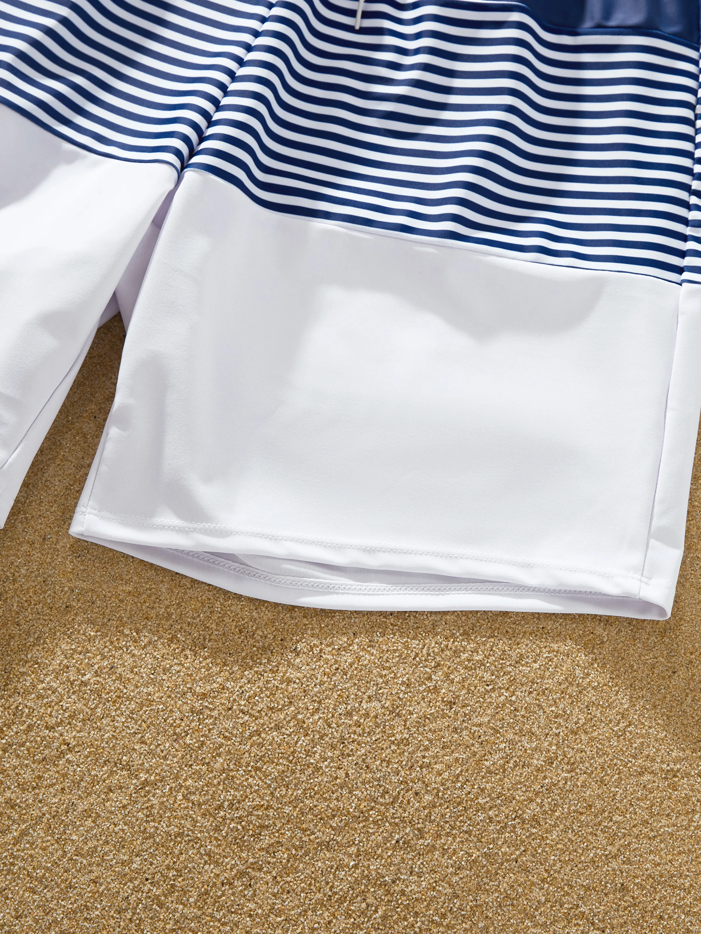 Family Matching Stripe Swim Trunks or One-piece Strap Swimsuit Dark Blue+white - Image 20